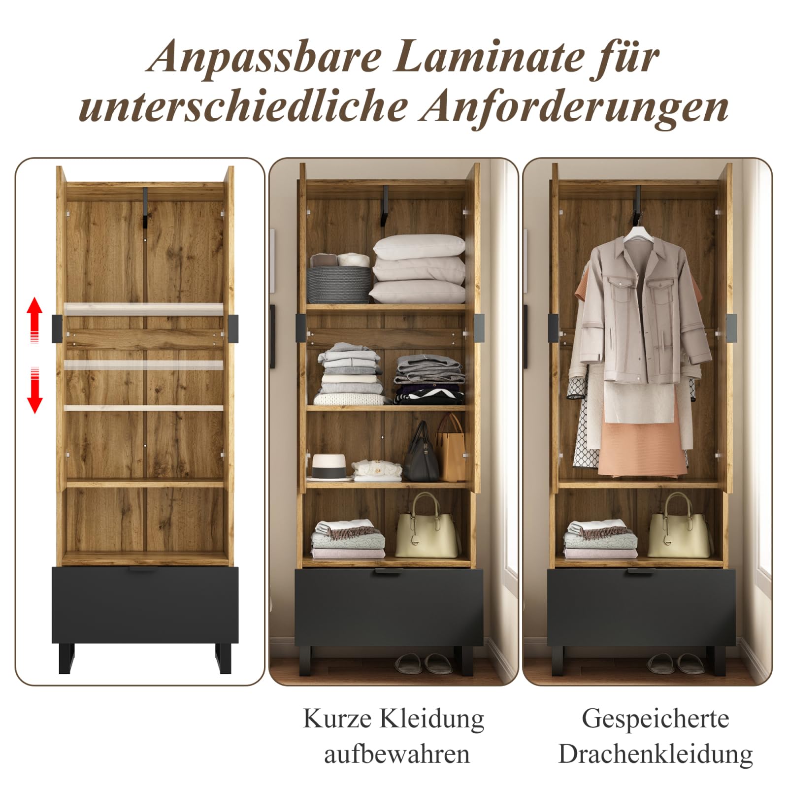 Set di cassetti, guardaroba compatto con ripiani regolabili e asta appendiabiti, set con 2 ante e maniglia, per corridoi e ingresso, 180 x 65 x 38 cm, legno e nero