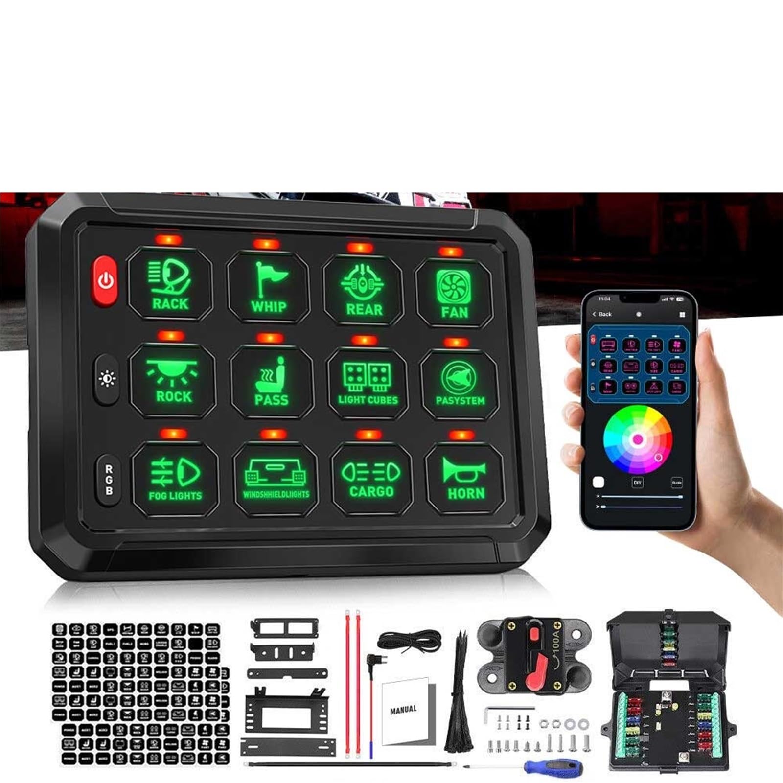 Wielofunkcyjny 12-kanałowy panel przełącznika RGB z aplikacją Bluetooth, pilotem 12 V 24 włącznik zapłonowy rozrusznik
