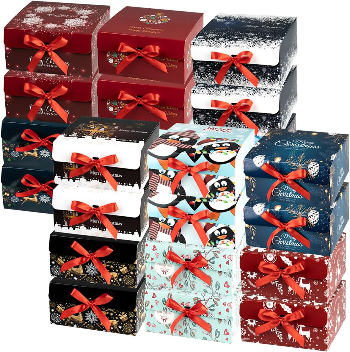 ARTLYMERS Christmas Gift Boxes with Lids, 24 Pack Gift Boxes and Red Ribbon Christmas Themed Pattern Small Gift Boxes for Christmas Presents Gifts Easy Assemble