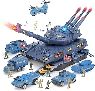 JuanKidbo Army Tank Set for Boys With Missile Launcher, 6 Die Cast Vehicles, 8 Soldier Figures - Military Toy With Light & Sound for 3-8 Year Old Kids