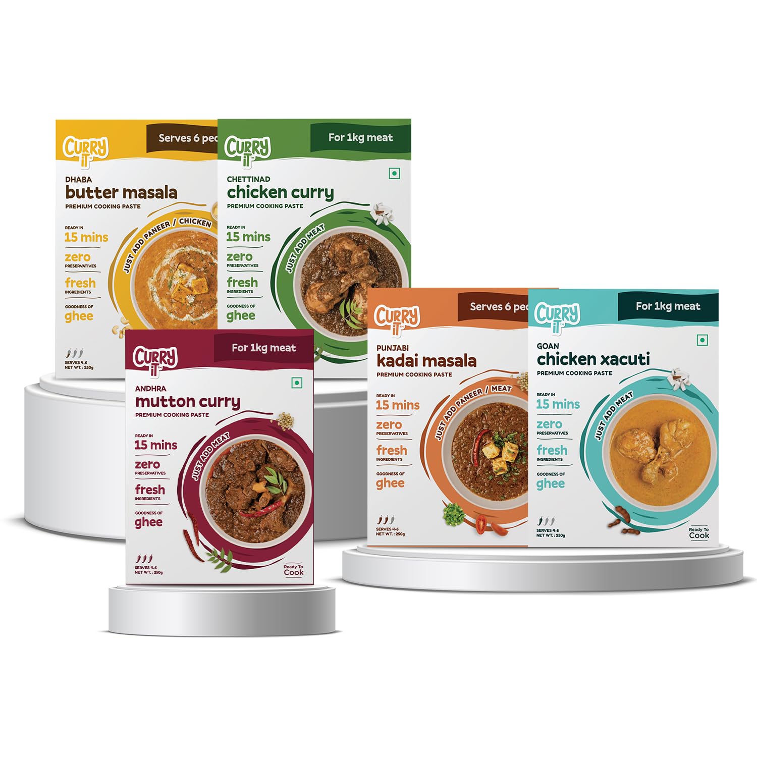 CURRYiT Ready to Cook Chicken Masala Combo (Pack of 5 250g each)|Butter Chicken| Goan Chicken Xacut| Andhra Mutton | Chettinad Chicken & Punjabi Kadhai | Add Chicken | Made with Ghee| Ready in 15 Minutes |No Preservatives (B0D5YTF2QM) Amazon Price History, Amazon Price Tracker
