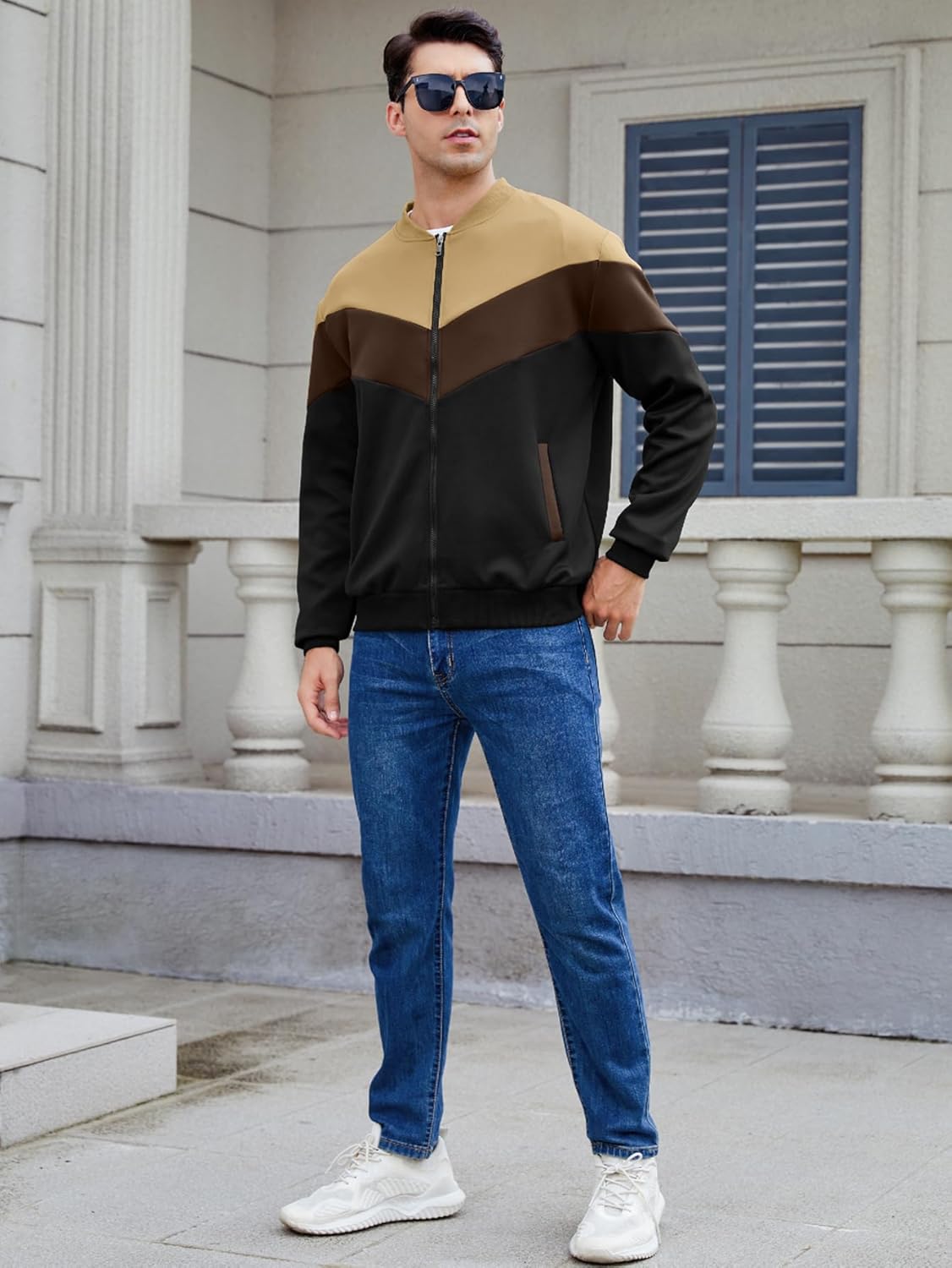 Arssm Mens Lightweight Jacket Color Block Bomber Jacket Patchwork Fall Zip Up Varsity Coat - Image 7