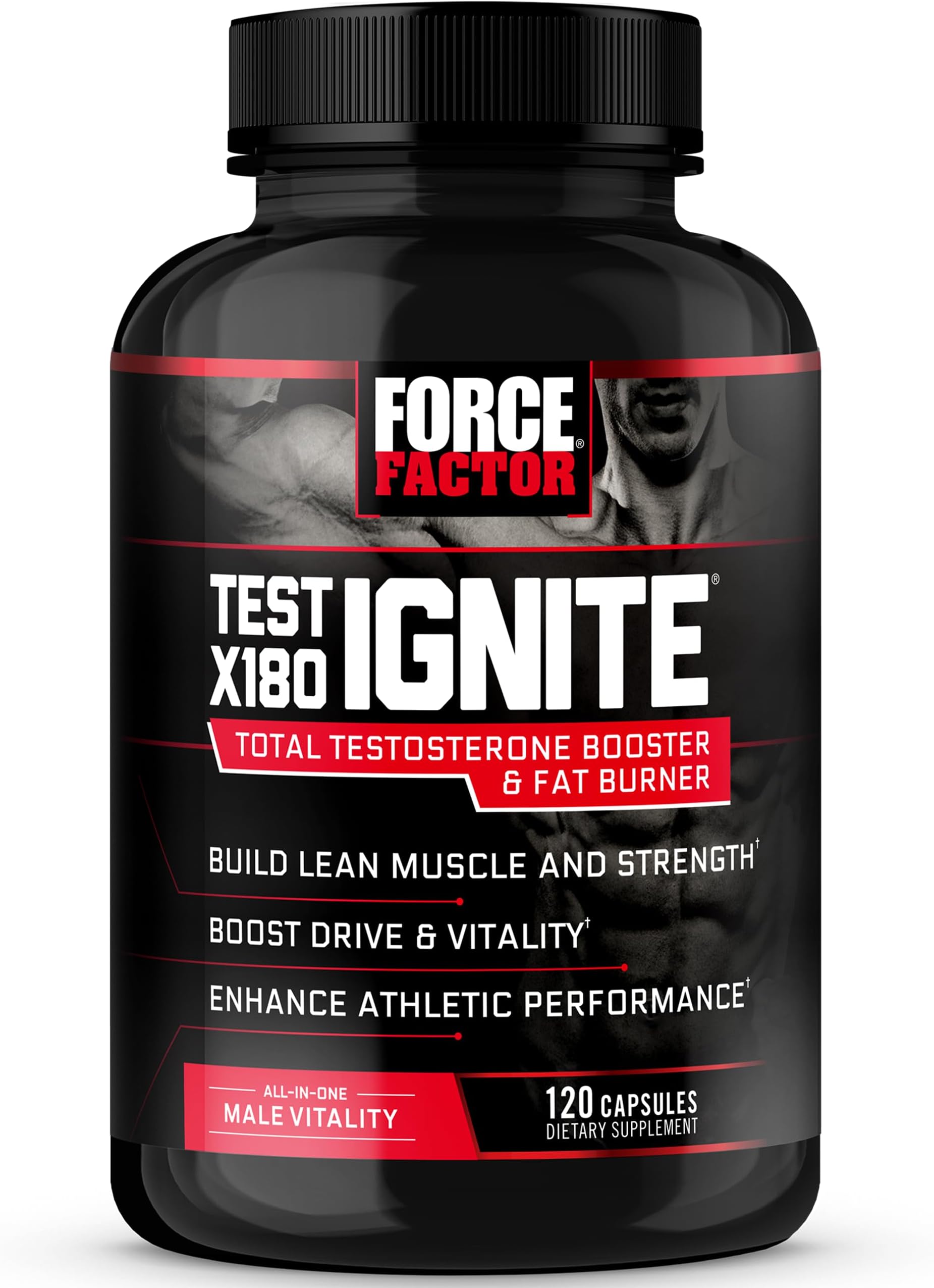 Force Factor Test X180 Ignite Testosterone Booster & Fat Burner for Men | with Fenugreek Seed and Green Tea Extract to Build Lean Muscle, Boost Energy, and Improve Performance, 120 Capsules