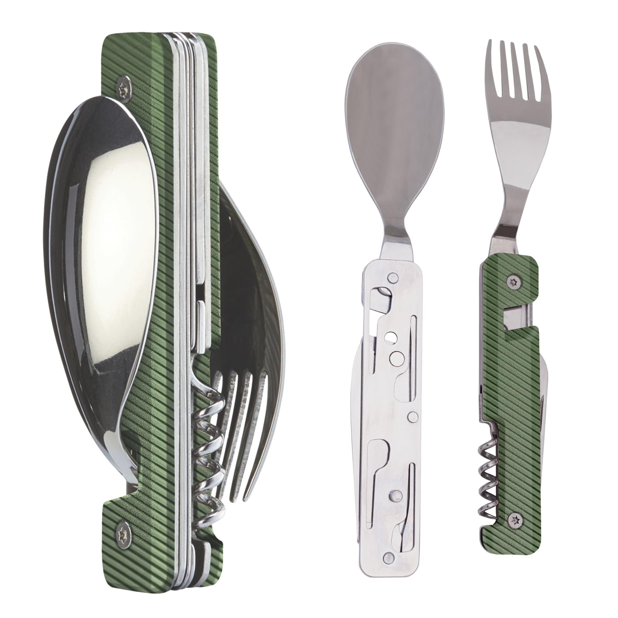 Akinod 6-in-1 Camping Cutlery Set – Multifunctional Stainless Steel Knife, Fork, Spoon with Corkscrew, Can & Bottle Opener, Compact Gadget for Camping Essentials