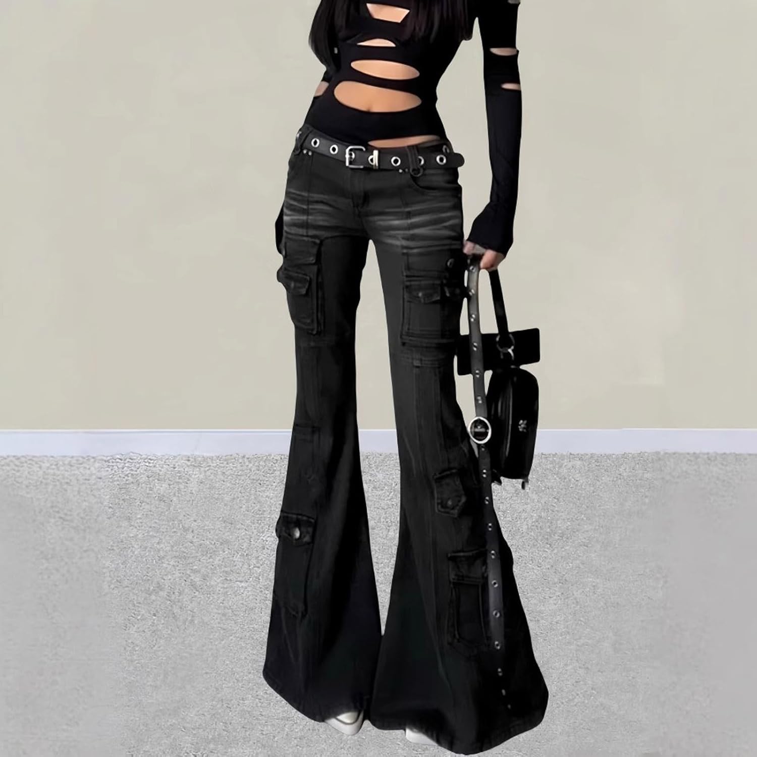 Women's Punk Y2k Gothic Low Waisted Flared Jeans with Multiple Pockets, Spicy Girls Look Slim, Street Punk Pants