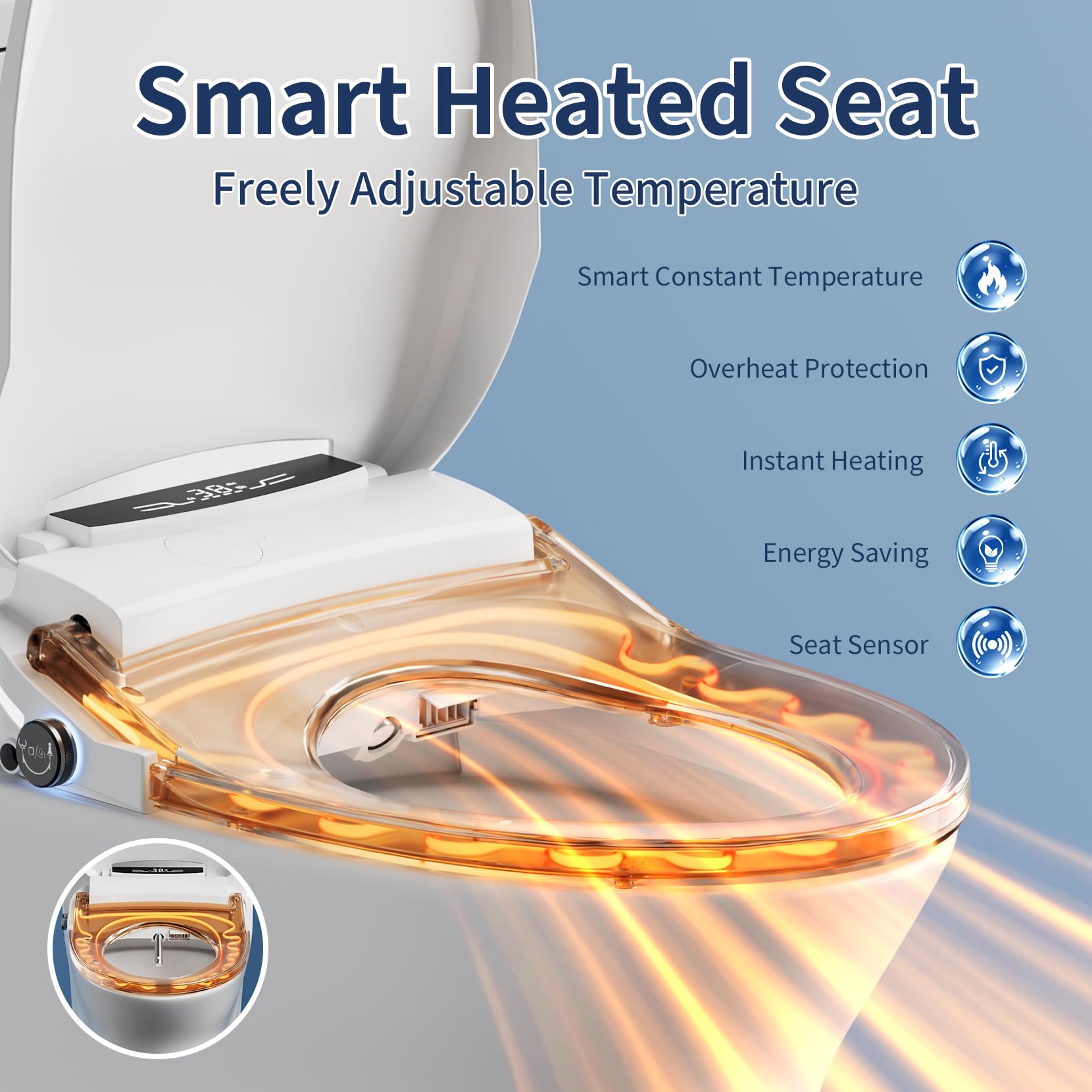 Sedile WC elettrico rotondo, lavaggio riscaldato, pulizia delicata, coperchio a chiusura lenta silenziosa, struttura robusta e durevole, sedile per bidet intelligente di lusso per bagno di
