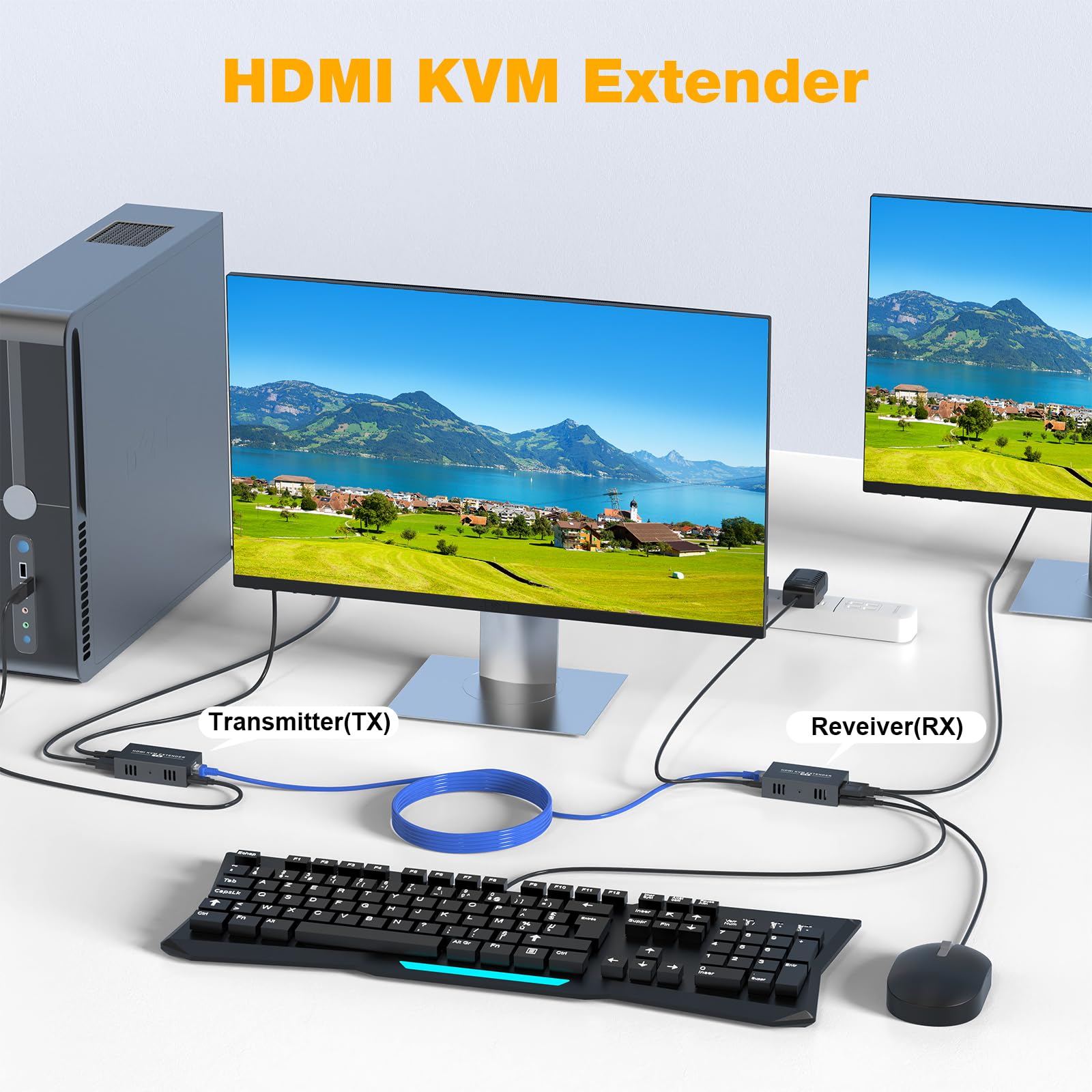 HDMI KVM USB Extender Over Cat 5e/6/7 Cable, 1080P HDMI Ethernet Extender Balun 164ft with Loop Output Function - USB Keyboard Mouse, Single POC Power Supply