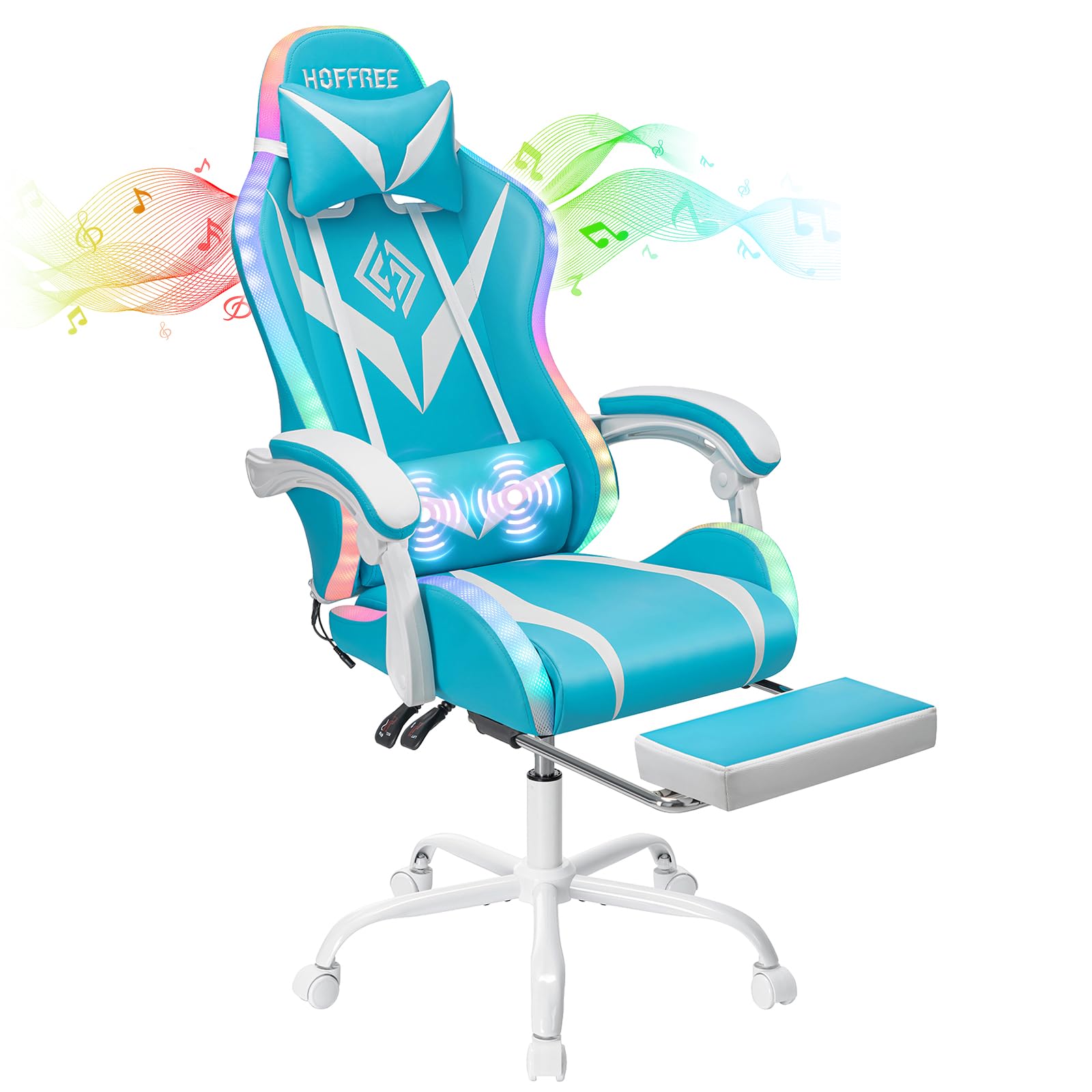 Gaming Chair Massage with Bluetooth Speakers and Led Lights Ergonomic Computer Gaming Chair with Footrest Cute Video Game Chair for Gaming Room Light Blue and White