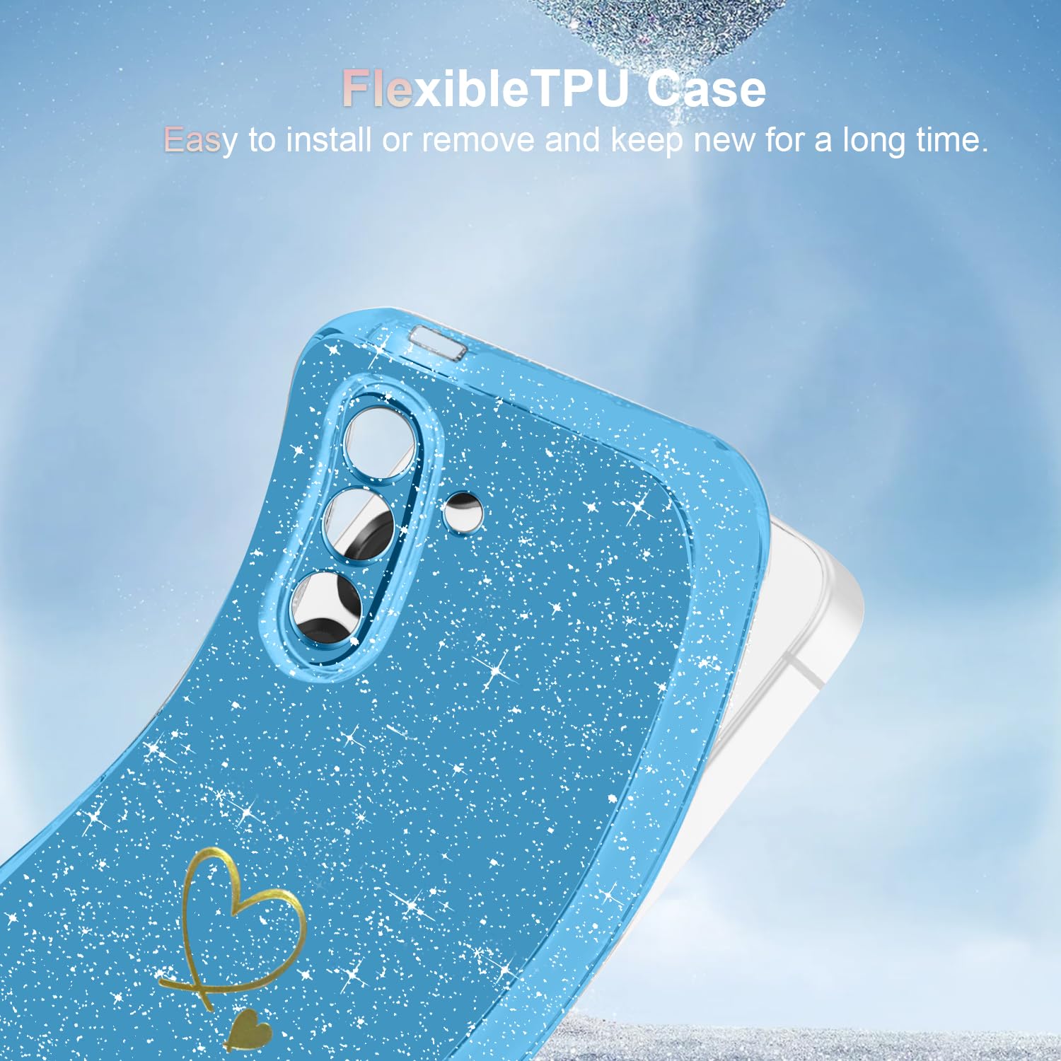 Cover Compatibile con Samsung Galaxy S25 FE 5G ((Non per S25), con 3 Pezzi Vetro Temperato Pellicola Protettiva, Glitter e Antimpronta Custodia, Antigraffio e Morbido Caso - Blu