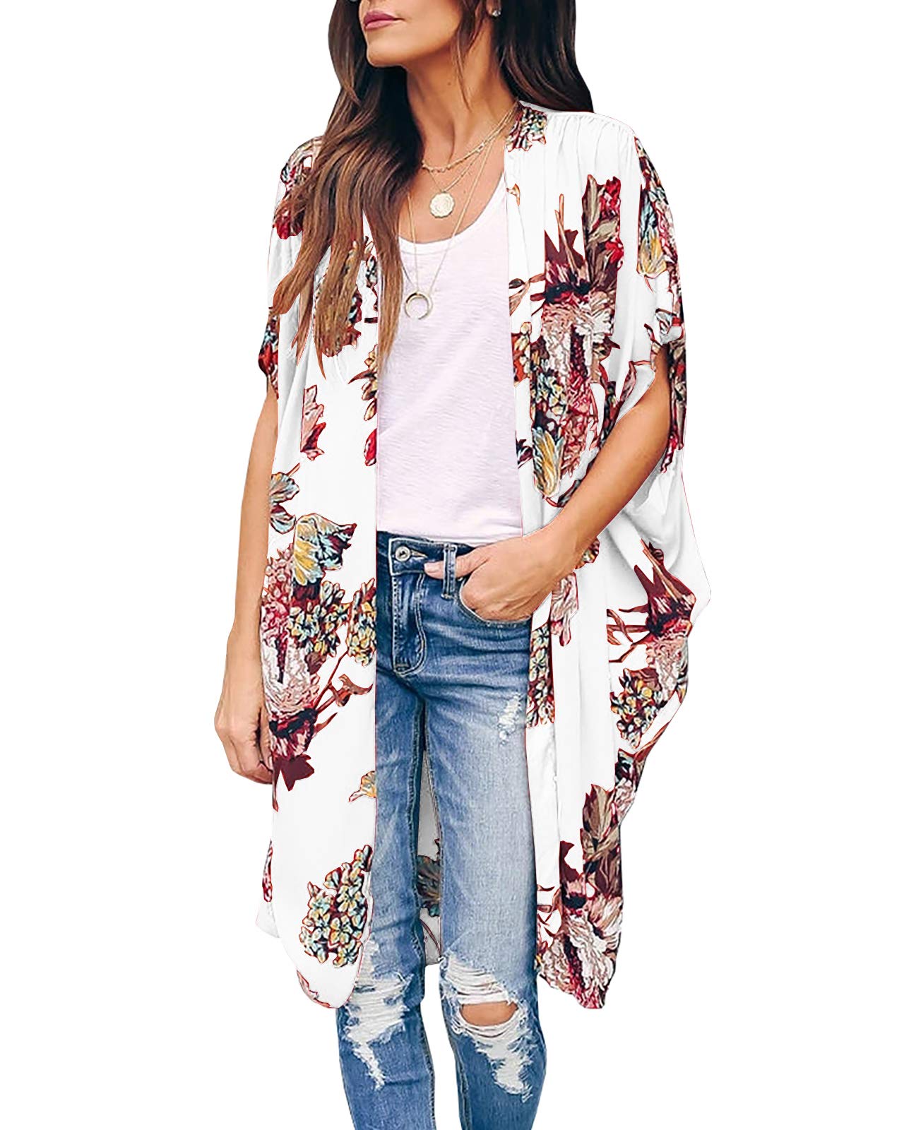 Ivay Womens Floral Kimono Duster Cardigans Short Sleeve Draped Oversized Beach Cover Up Cape