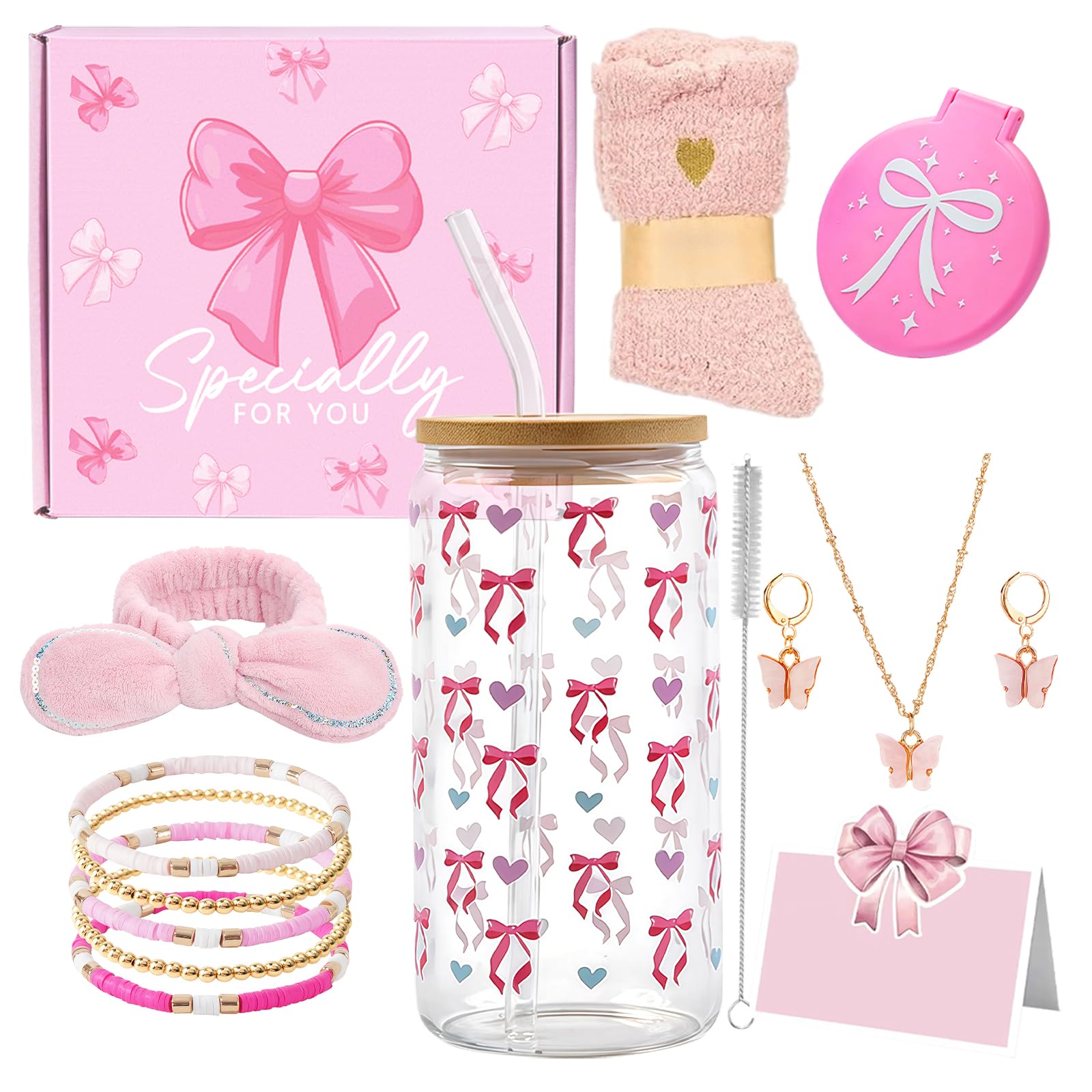 OlyPegic Gift Set for Teenage Girls (9-16 Years), Birthday Gifts for Girls with Glass Cup, Raffia, Greeting Card, Headband, Jewellery, Socks, Makeup Mirror, Teenage Girl Gifts