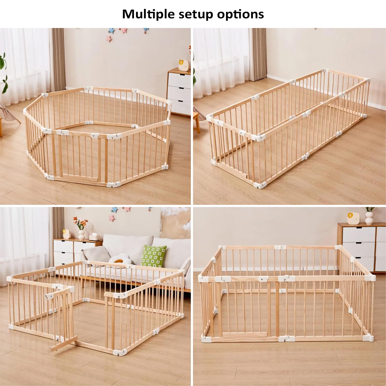 Parc bébé pliable en bois naturel 152x76 cm avec porte sécurisée et ventouses antidérapantes, parc modulable pour bébé et enfant, grande aire de jeu stable pour maison