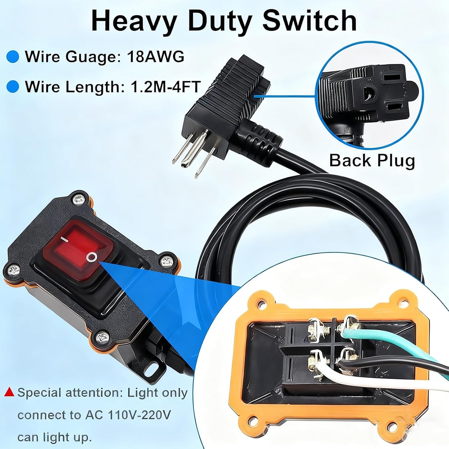 Inline Cord Switch, 3-Pronged Piggyback Plug Extension Cord - 3.3FT 14AWG Cable, IP67 Waterproof, On/Off Red LED Rocker Button, 20A-125V AC/DC (3.3FT)