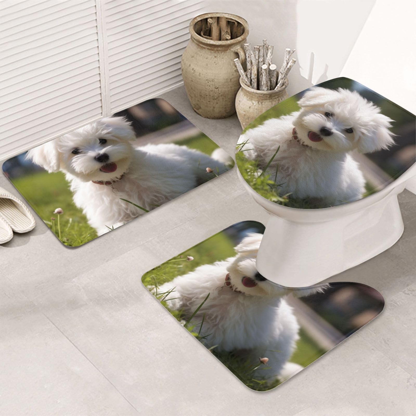 Tapis de bain en microfibre Bichon on the Grass set de 3 pièces pour abattant WC