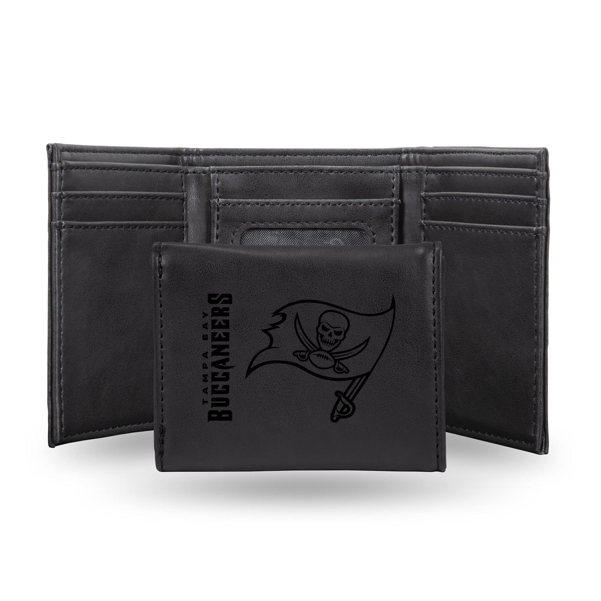 NFL Tampa Bay Buccaneers Men's Trifold Black Wallet- Premium Laser-Engraved NFL Team Logo on Vegan/Faux Leather- Minimalist Design Includes ID Window and Credit Card Holder- Ideal Men's Gift