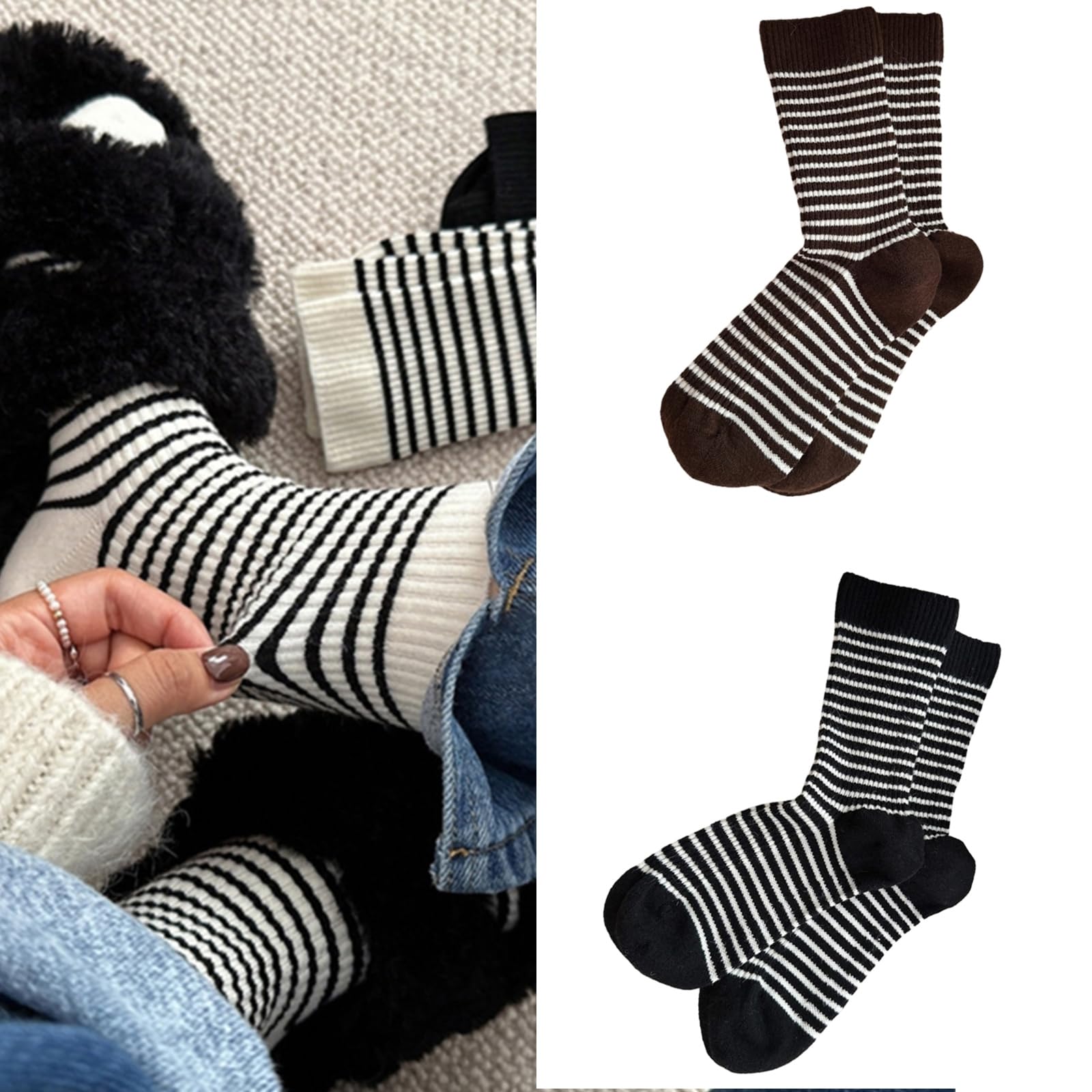 GRABAGECAN Womens Winter Warm Faux Wool Ribbed Knit Socks Vintage Striped Thicken Thermal Hiking Middle Tube Socks