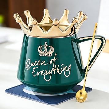 Arawat Queen of Everything Mug with Lid Green Cup with Crown Coffee Mugs Gift with Spoon & Coaster 12 oz Ceramic Tea Cups Queen Gifts for Women Girls Mom Friend Valentines Day Gifts for Women Man