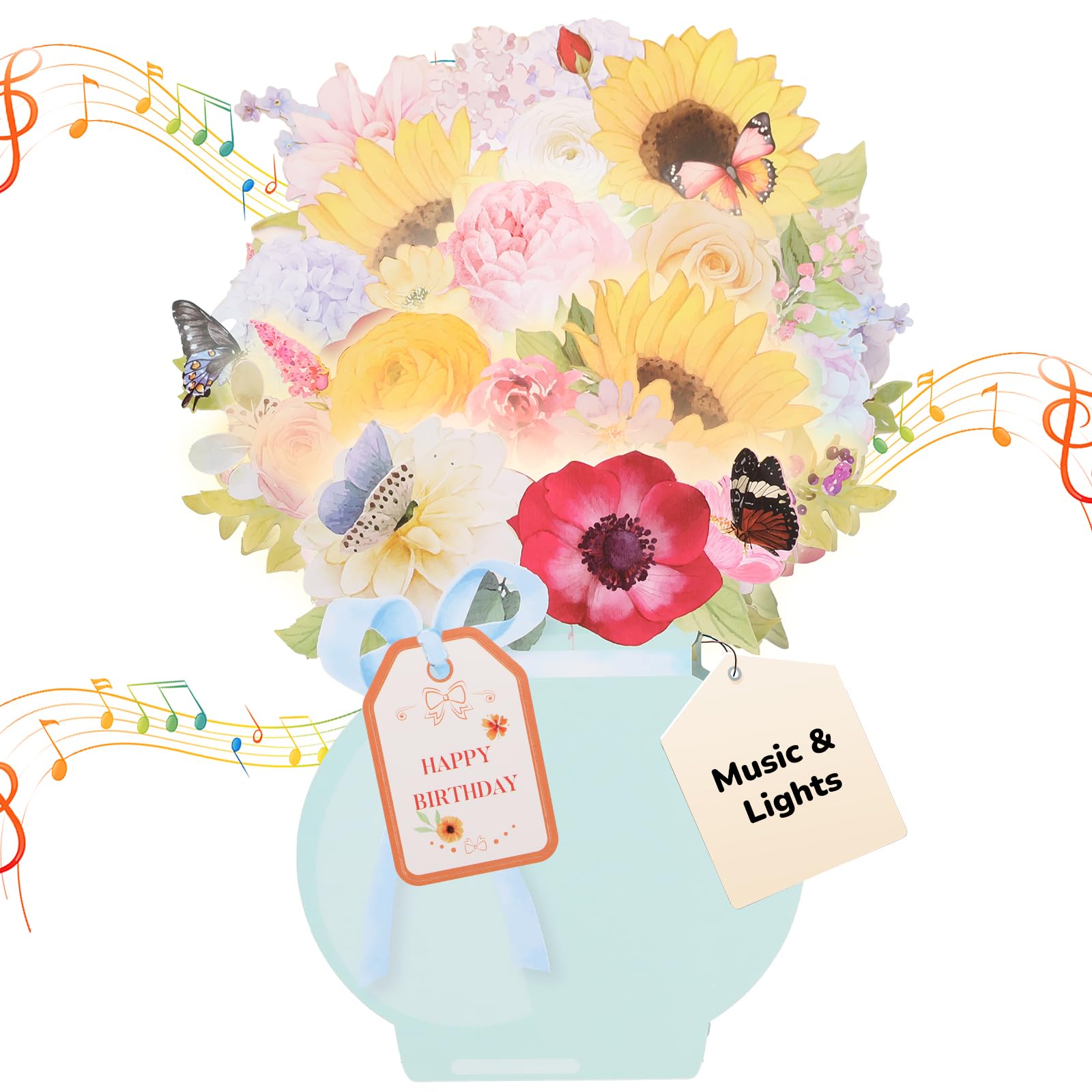 Musical Birthday Card for Woman, Pop Up Flower Bouquet with Colorful Lights, 3D Flower Greeting Card Birthday Gift for Mom, Woman, Grandmother, Sister
