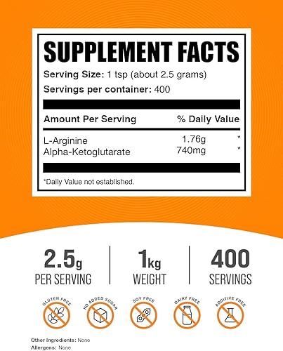 Miniatura 2 de Suplememto BulkSupplements Pure AAKG (con LArginina y acetoglutárico) en polvo, 1