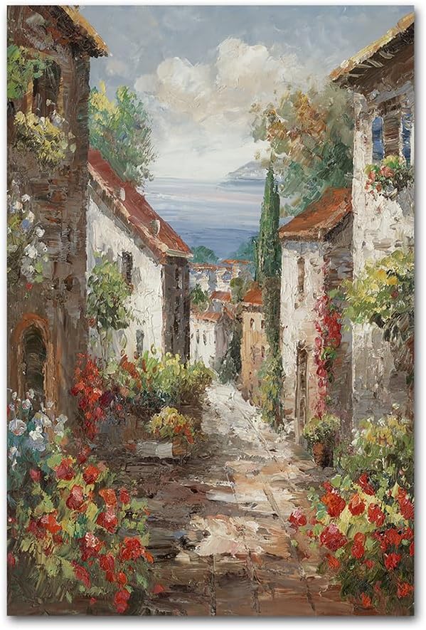 Italy Town Painting Tuscany Wall Art Streets of Mediterranean Towns Canvas Prints Landscape Picture Framed Ready to Hang Farmhouse Decor 24 x 36 Inch