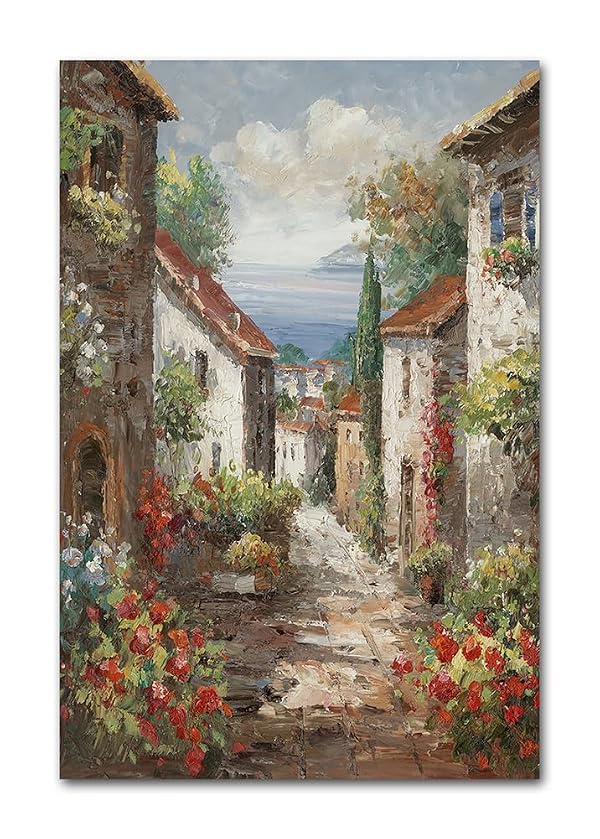 Rtriel Italy Town Painting Tuscany Wall Art Streets of Mediterranean Towns Canvas Prints Landscape Picture Framed Ready to Hang Farmhouse Decor 24 x 36 Inch by Rtriel - Used condition - US$47.49