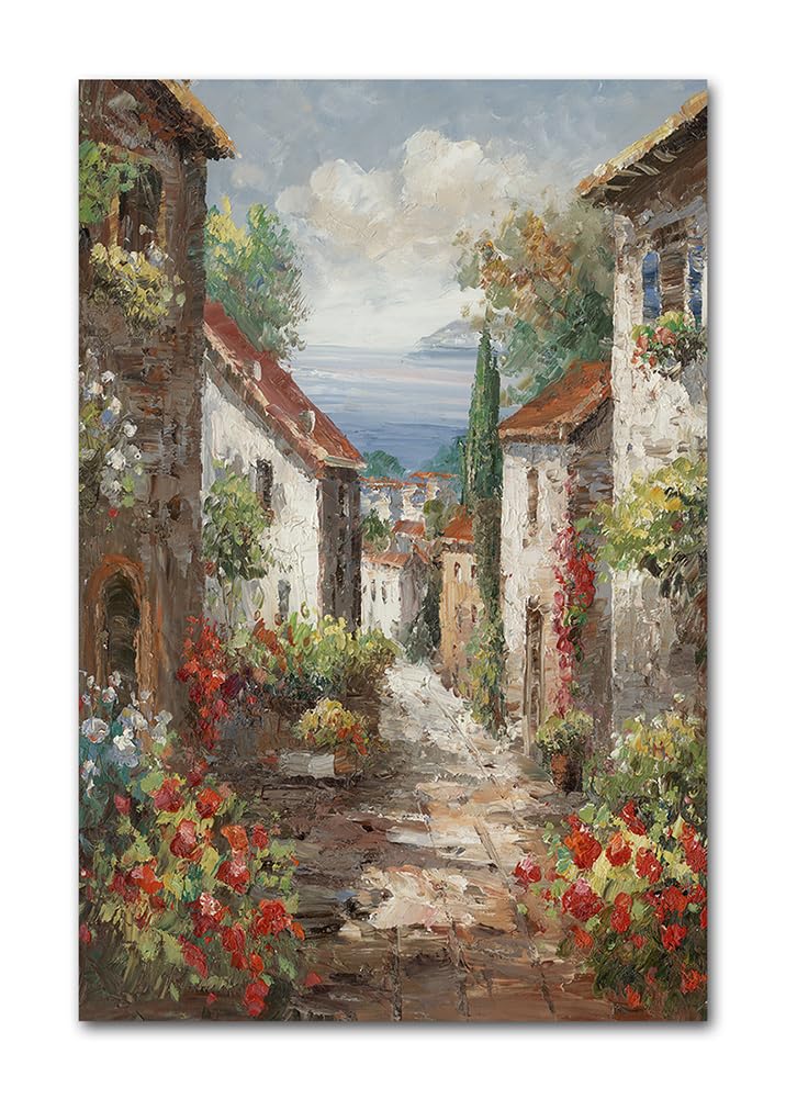 Italy Town Painting Tuscany Wall Art Streets of Mediterranean Towns Canvas Prints Landscape Picture Framed Ready to Hang Farmhouse Decor 24 x 36 Inch