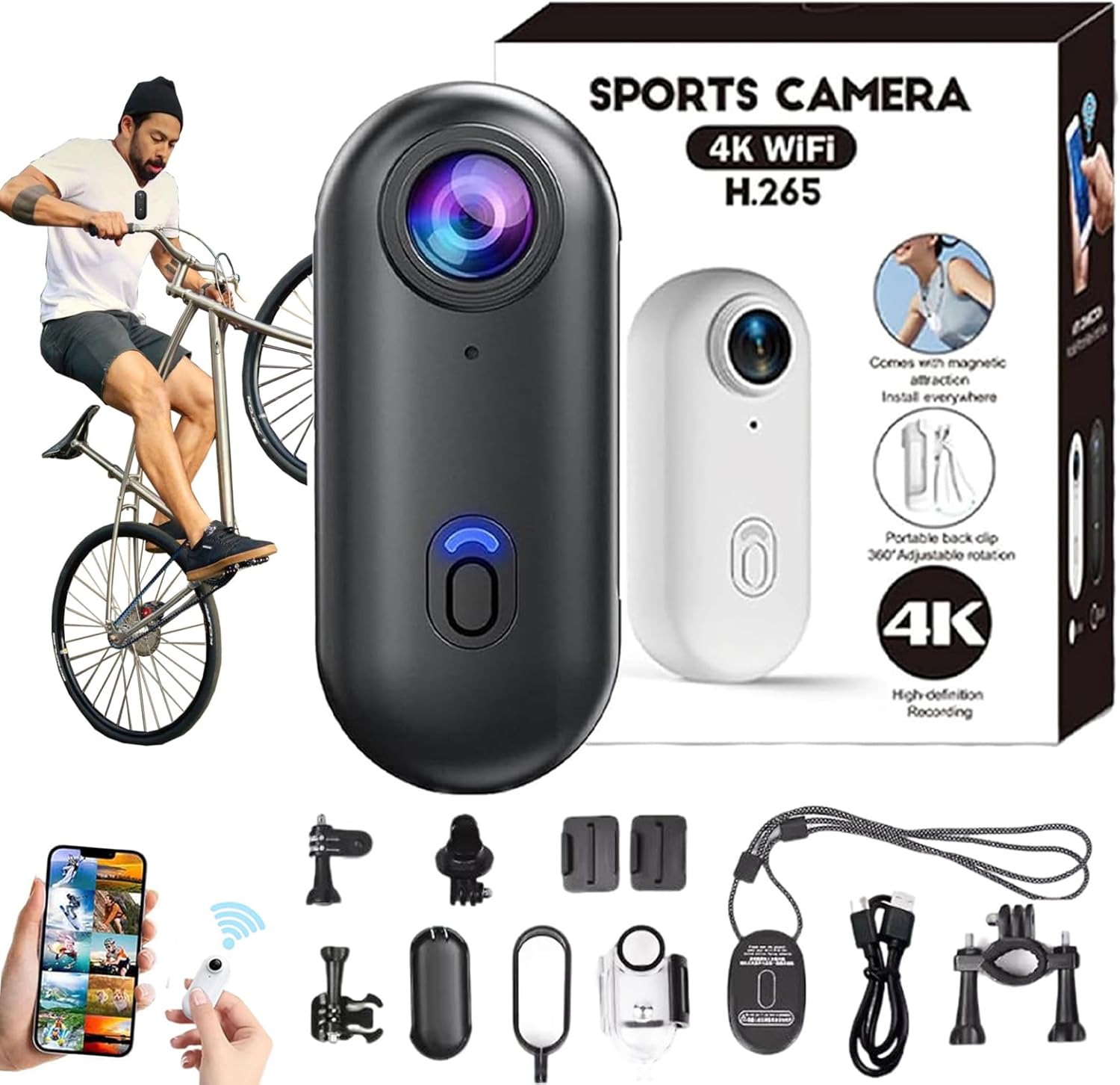 The Snap Cam, Snapcam Baseball, Handsfree POV Pro 4k Camera, HD 1080p/4k Mini Wearable Body Adventure Action Cameras with Audio, Video, Mount Anywhere, for Vlogging, Cycling, Diving (Black, 4K)