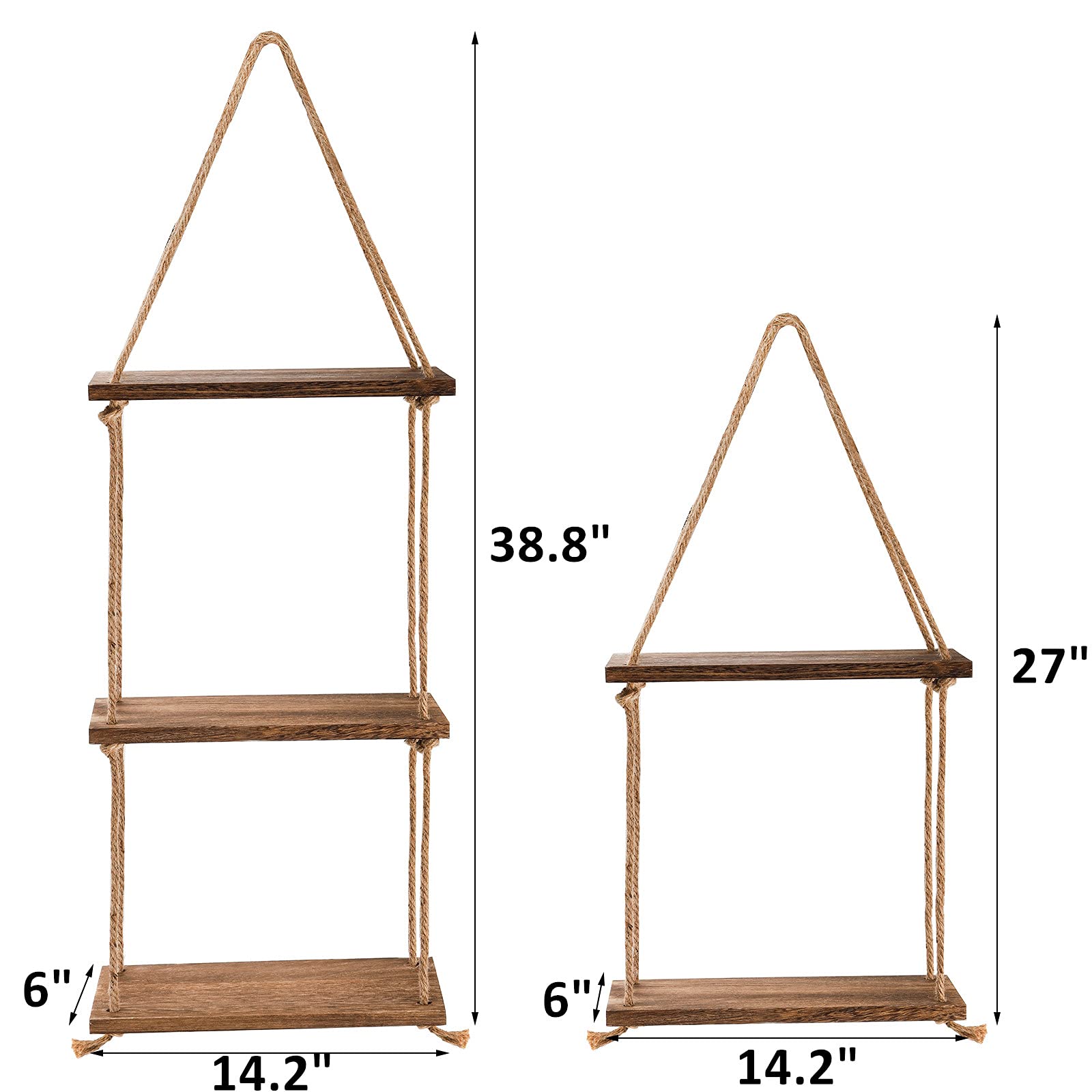 ZOOFOX Set of 2 Wood Hanging Shelf, 2 Tier and 3 Tier Jute Rope Wall Hanging Floating Shelf - Image 2