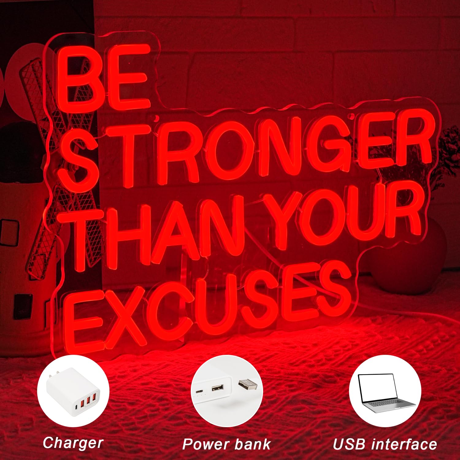 Be Stronger Than Your Excuses Insegna al neon per decorazione da parete Palestra Insegna luminosa al neon Lettera rossa Luce al neon dimmerabile LED per palestra Sala fitness Club Gamer Room