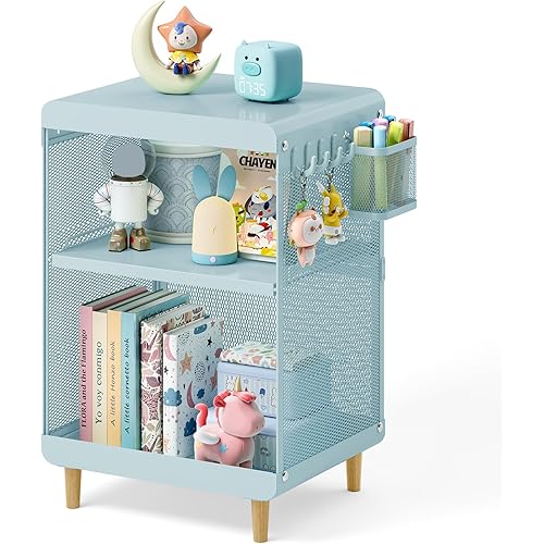 SYKIARIOL Kids Nightstand for Girls, Metal Bedside Table with 4 Hooks & Hanging Basket, 3-Tier Storage Shelf, Toddler Night Stand for Bedroom, Mint Green