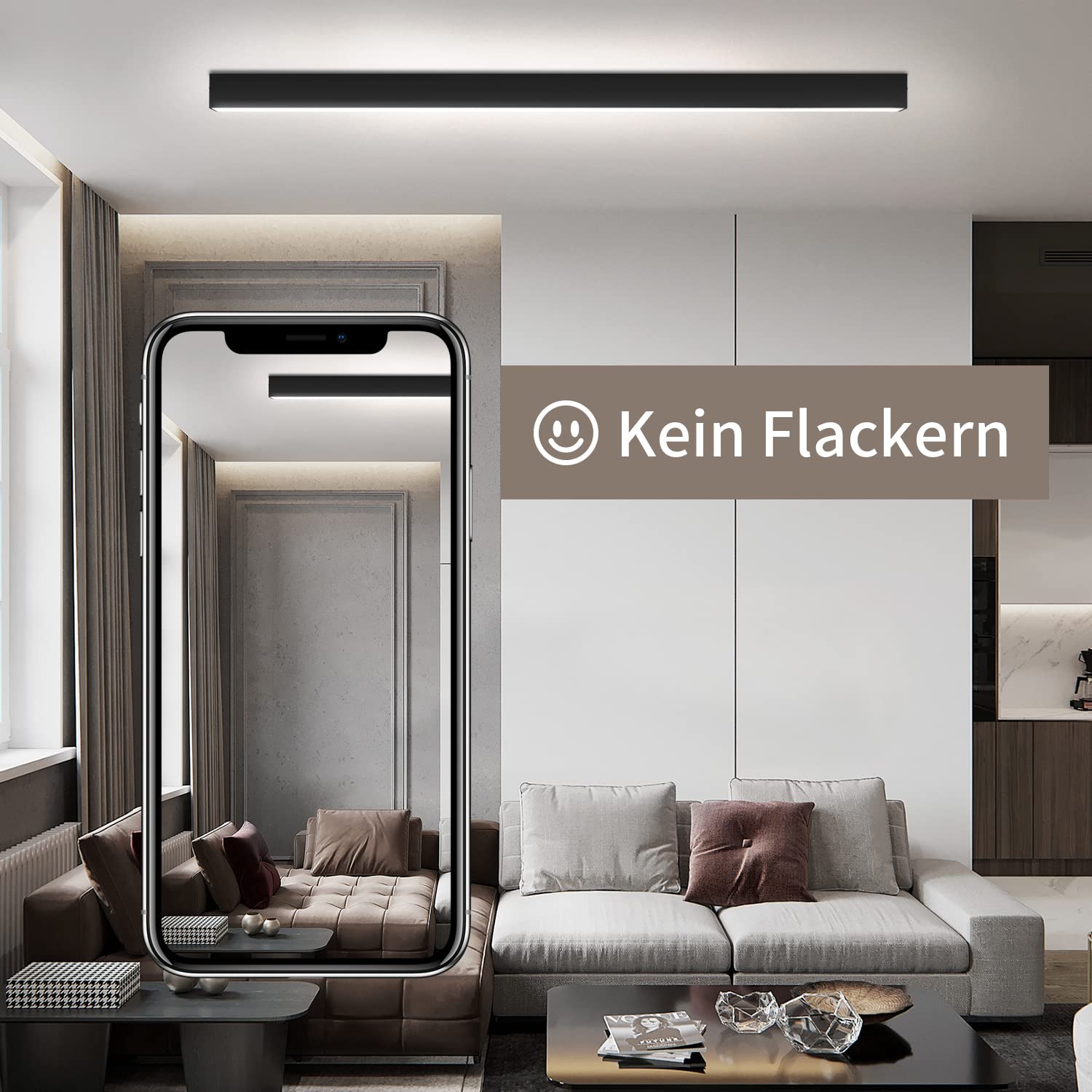 Glitzerlife Deckenlampe LED Deckenleuchte Schwarz Lang 107CM Dimmbar | Wohnzimmerlampe Küchenlampe 32W Bürolampe Modern Fernbedienung Büro Deckenbeleuchtung Küche Wohnzimmer Schlafzimmer