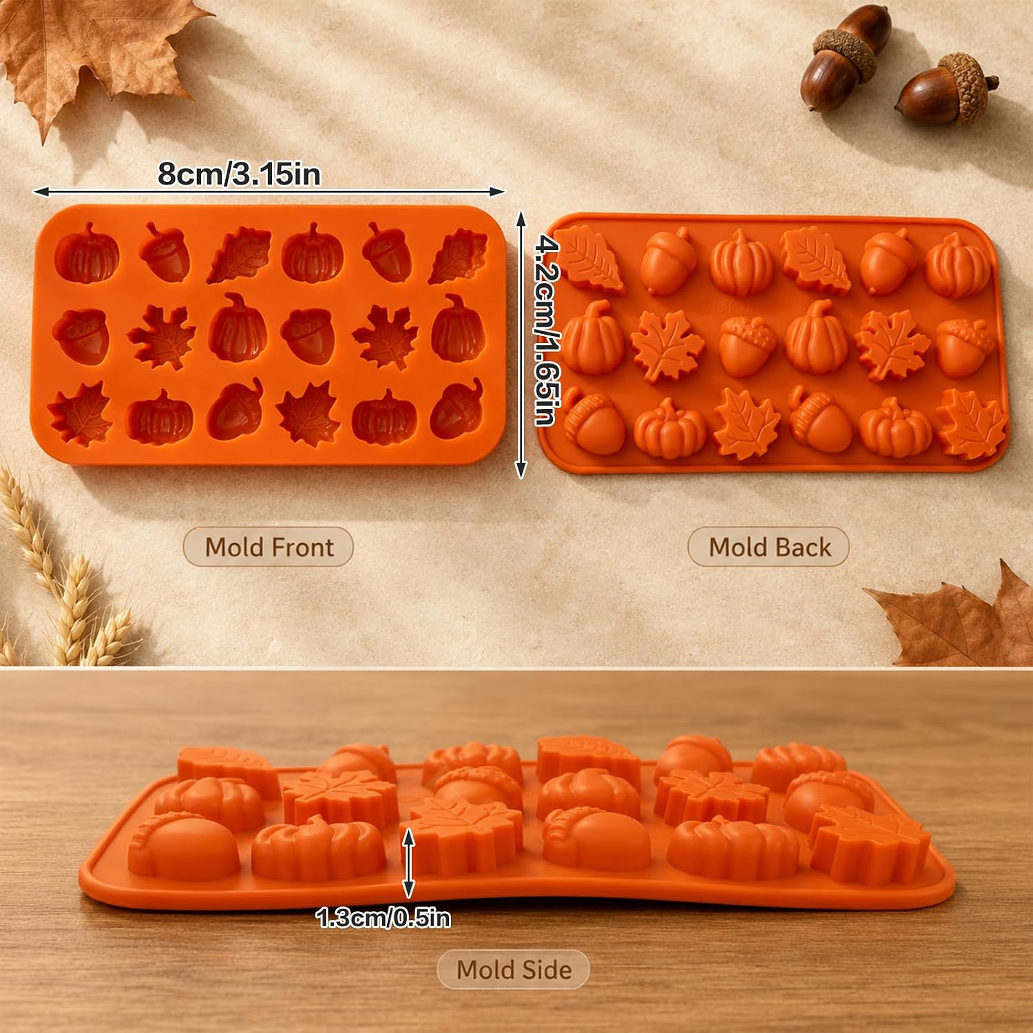 3Pack Thanksgiving Silicone Molds 3D Pumpkin Silicone Mold Fall Silicone Molds Autumn Maple Leaf Pumpkin Acornshape Thanksgiving Fall Theme Silicone Molds for Cupcake Topper Gummy Ice Cube Resin Soap