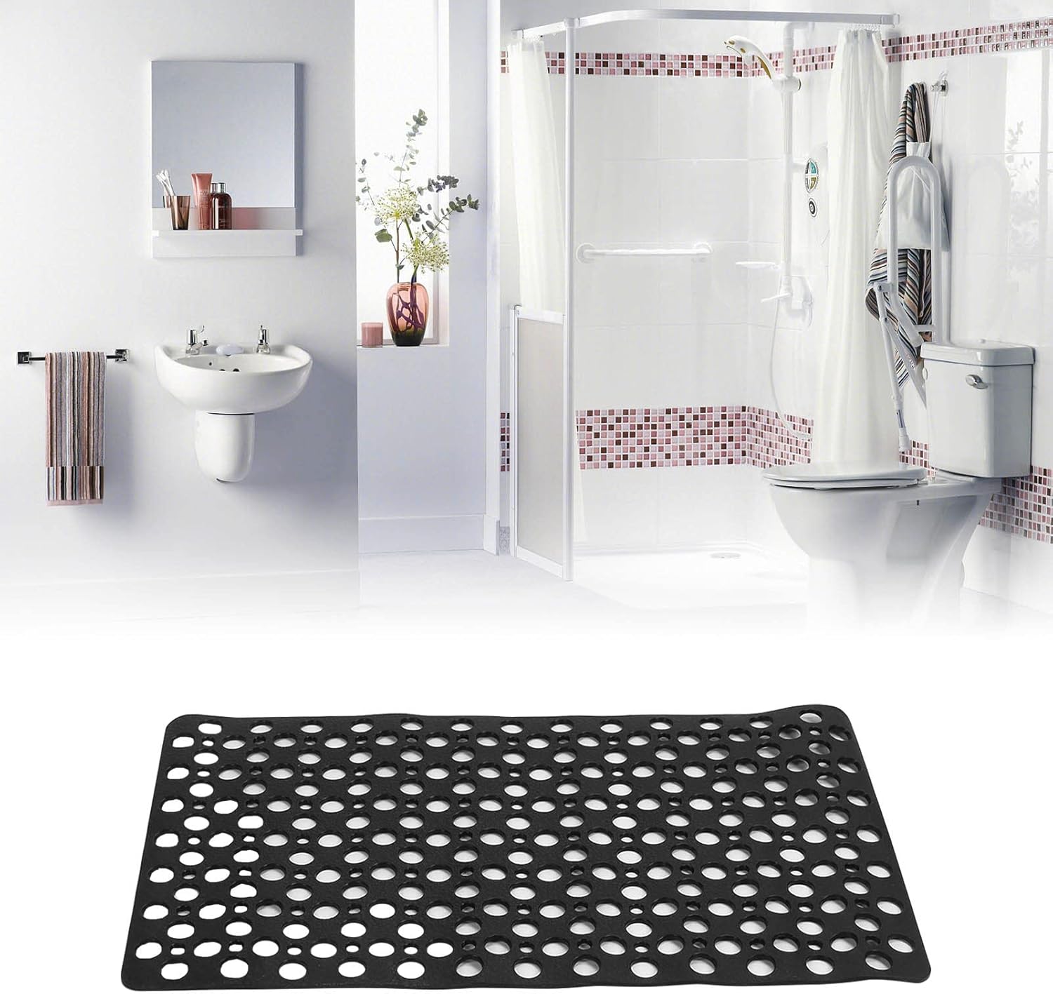 29 X 16 Inch Bathtub Shower Mat, Black Non Skid Bath Shower Floor Mat with Drainage Hole Bath Mats to Keep Floor Clean, Soft on Feet, Bathroom Accessories