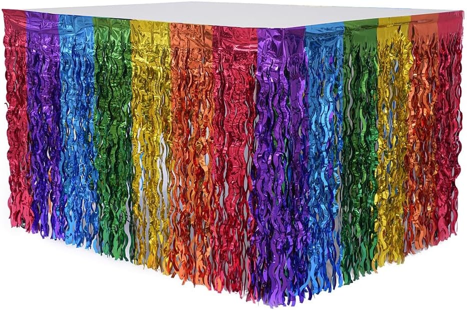 2pcs Rainbow Disposable Table Skirts,Wavy Metallic Tinsel Foil Fringe Table Skirts,Party Decorations Fiesta Party Decorations for Birthday Wedding Engagement Baby Shower Party,29.5x108 Inch