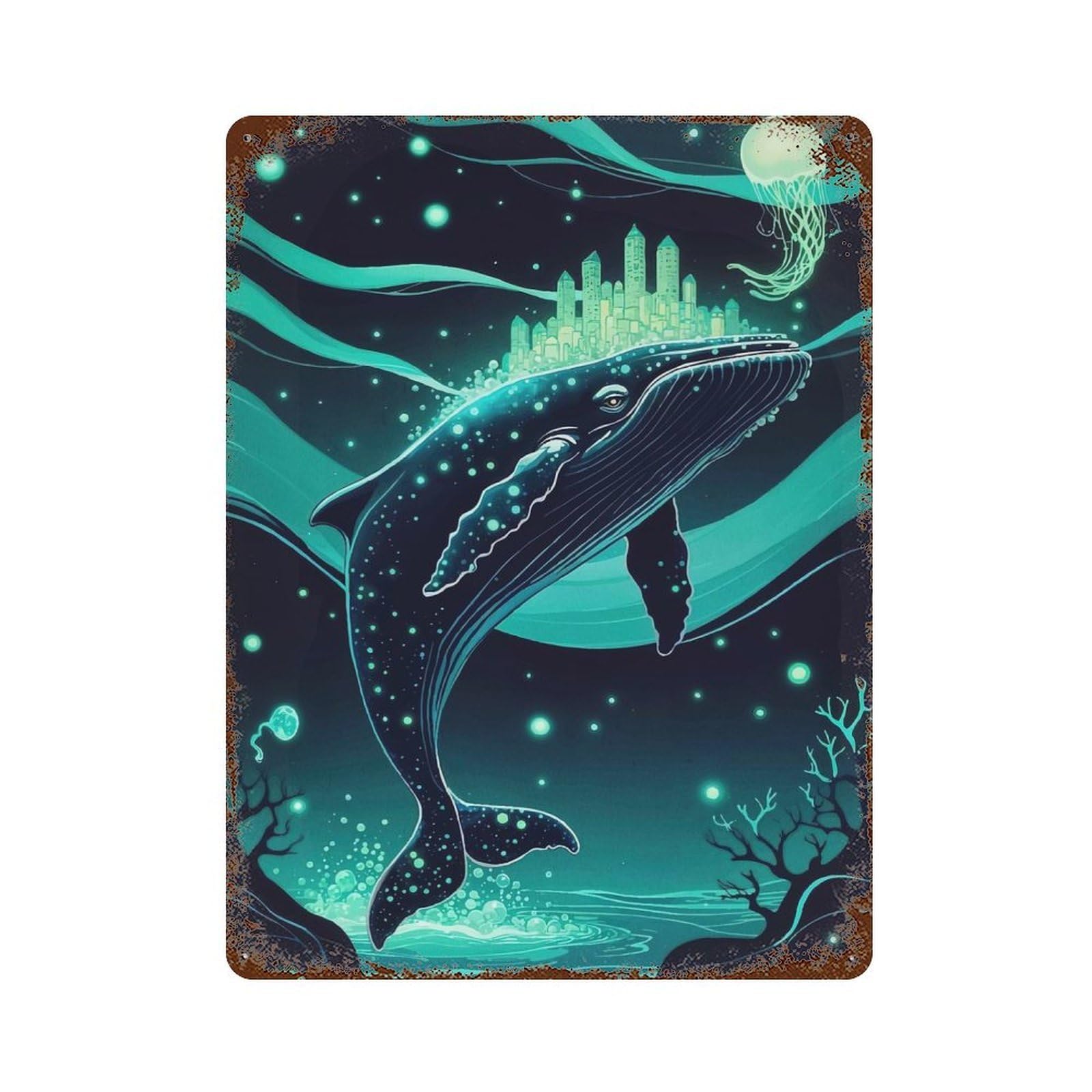 Glowing Whale Cityscape Crown Decorative Tin Sign 15.7"x11.8", Ideal for Cafe, Home Bar And Lounge Decor