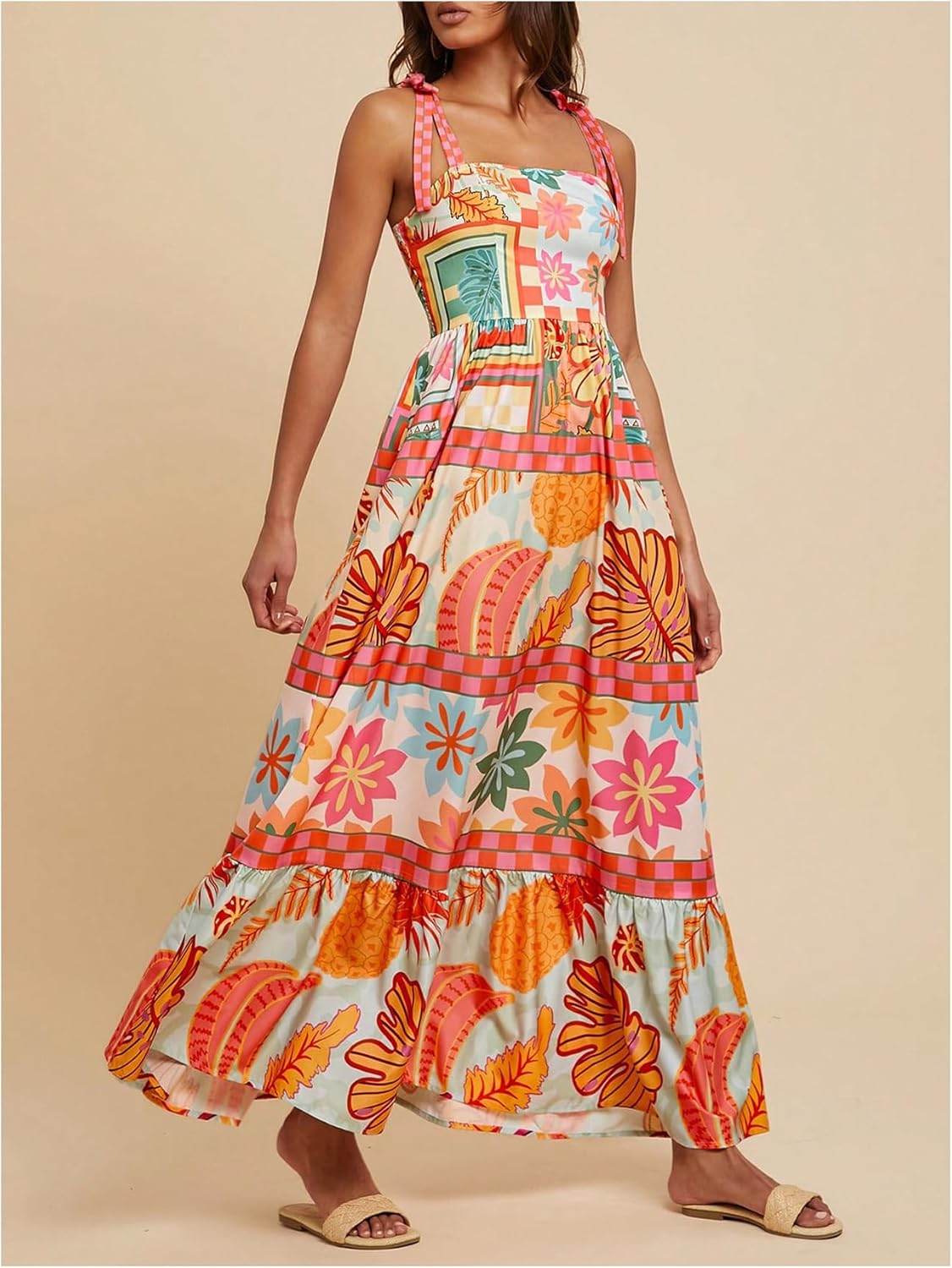 WDIRARA Women's Boho Floral Sleeveless Ruffle Maxi Dress Tropical Graphic Tie Shoulder Smocked Cami Dresses - Image 4