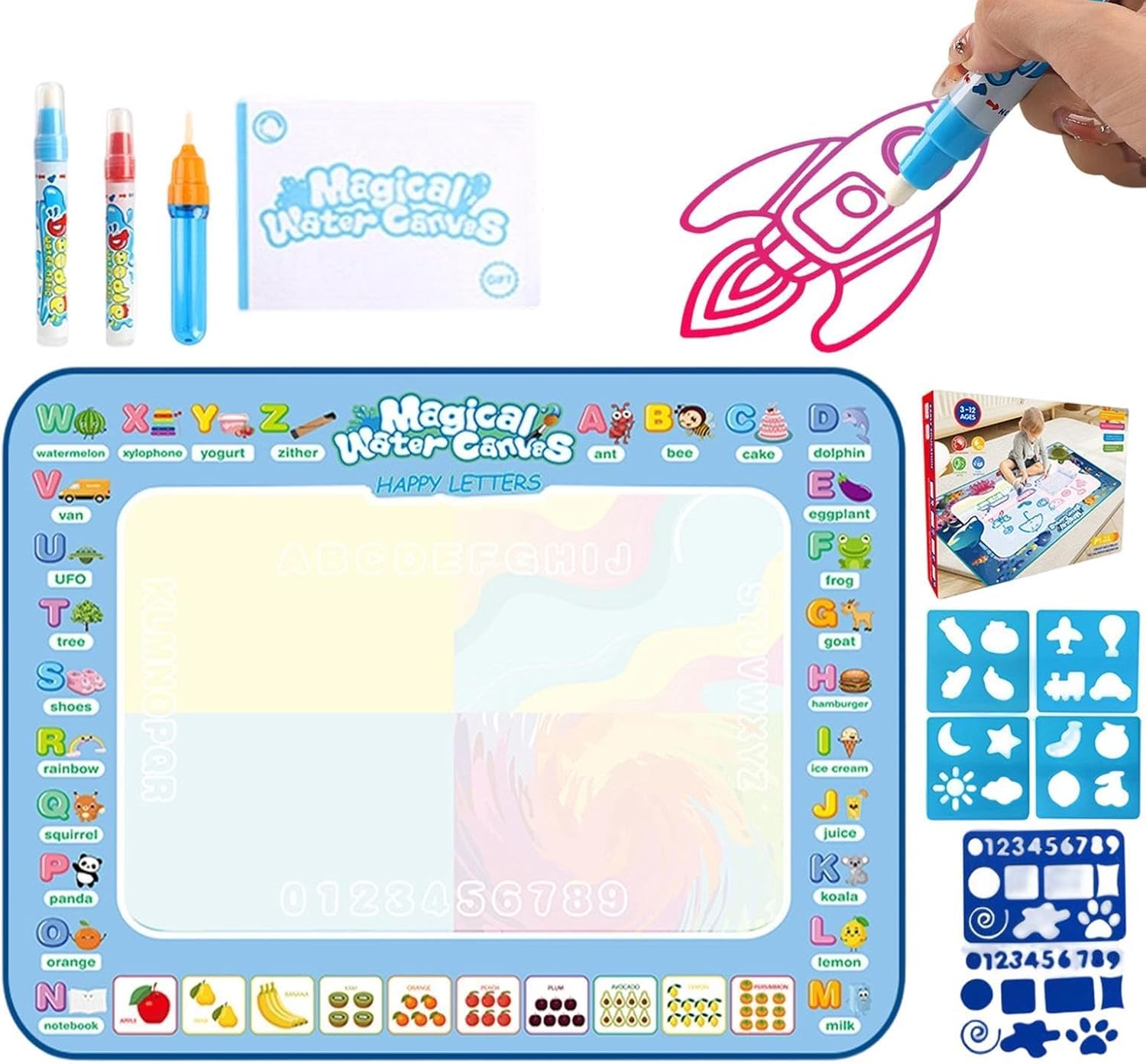 Water Doodle Mat - Large Watercolor Painting Mat for Kids | Reusable Learning Writing Board with Pens & Stamps | Portable Educational Painting Toys for Kids Aged 3-8 (A)