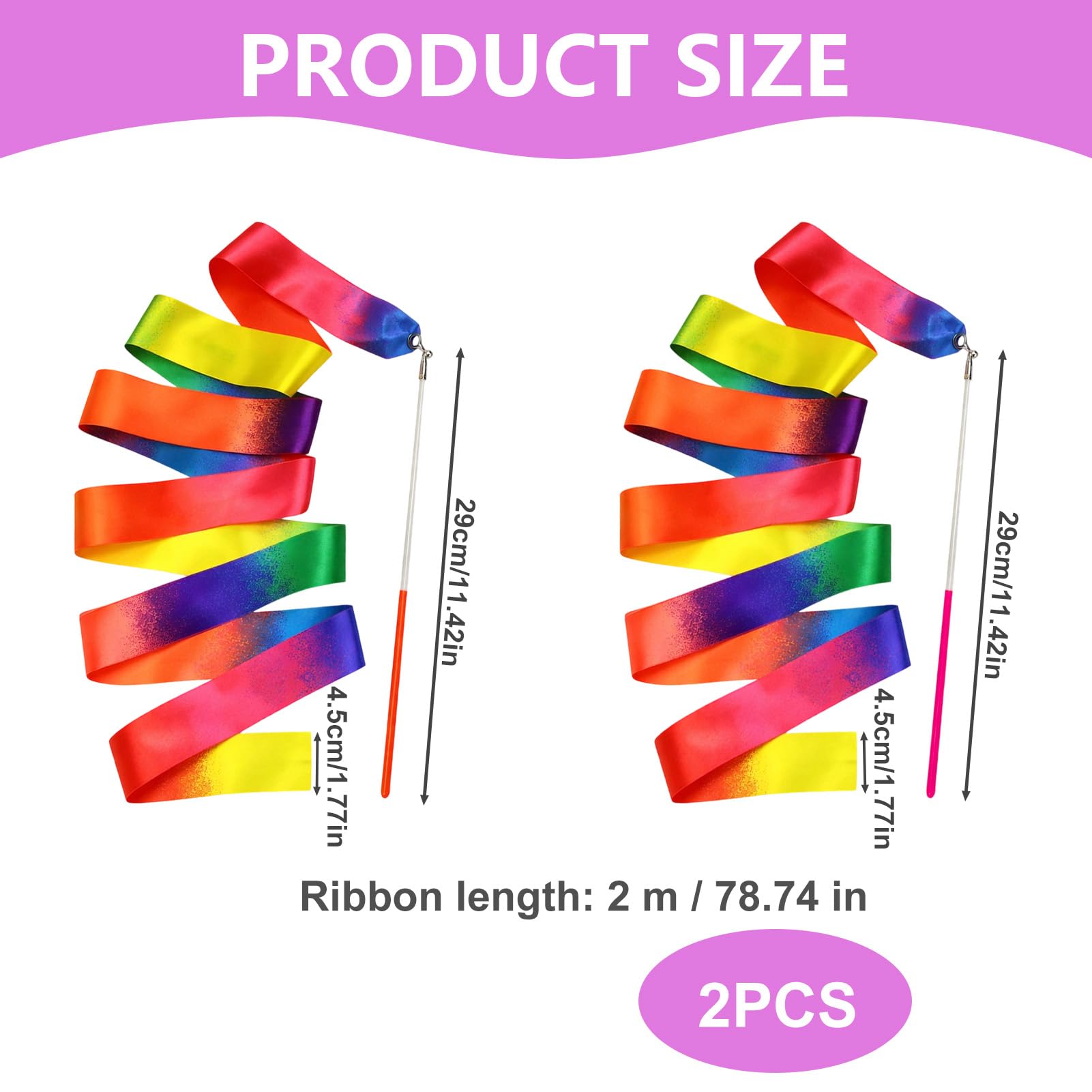 Ruban Gymnastique Rythmique 2M Nylon Durable avec Bâton 29cm, Set de 2 Pièces Multicolores