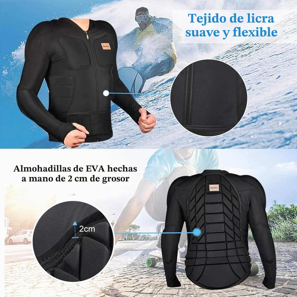 BenKen Ultraligero Equipo de Protección Esquí Cuerpo Protector Columna Protector de Espalda Exterior Sports Anticolisión Ropa para Snowboard Patinaje Esquí Equitación Motocross