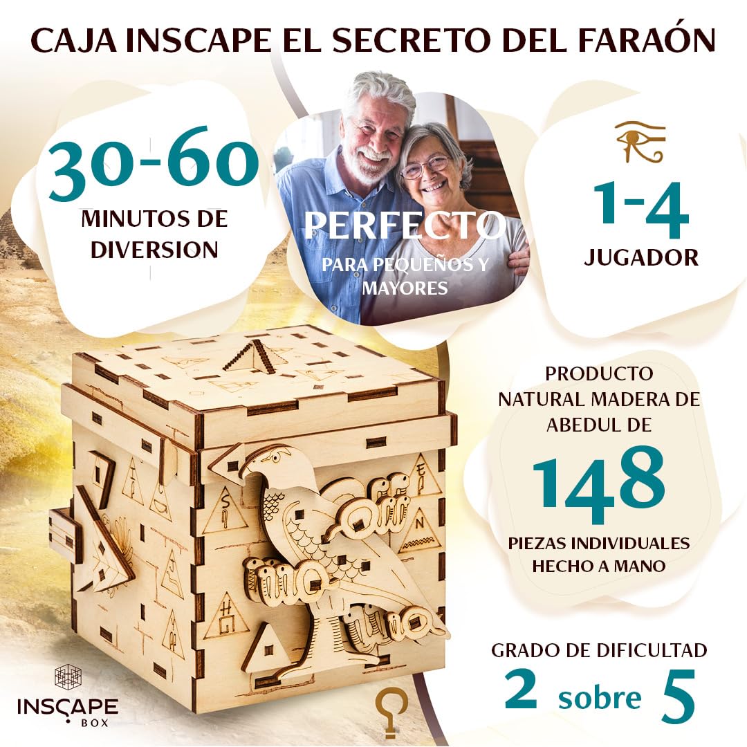 INSCAPE Pharaoh's Secret – Caja de rompecabezas de madera – Puzzle Box – Escape Room Juego para adultos y niños – Juegos de ajos para adultos – rompecabezas de madera 3D – Cluebox – Juegos de