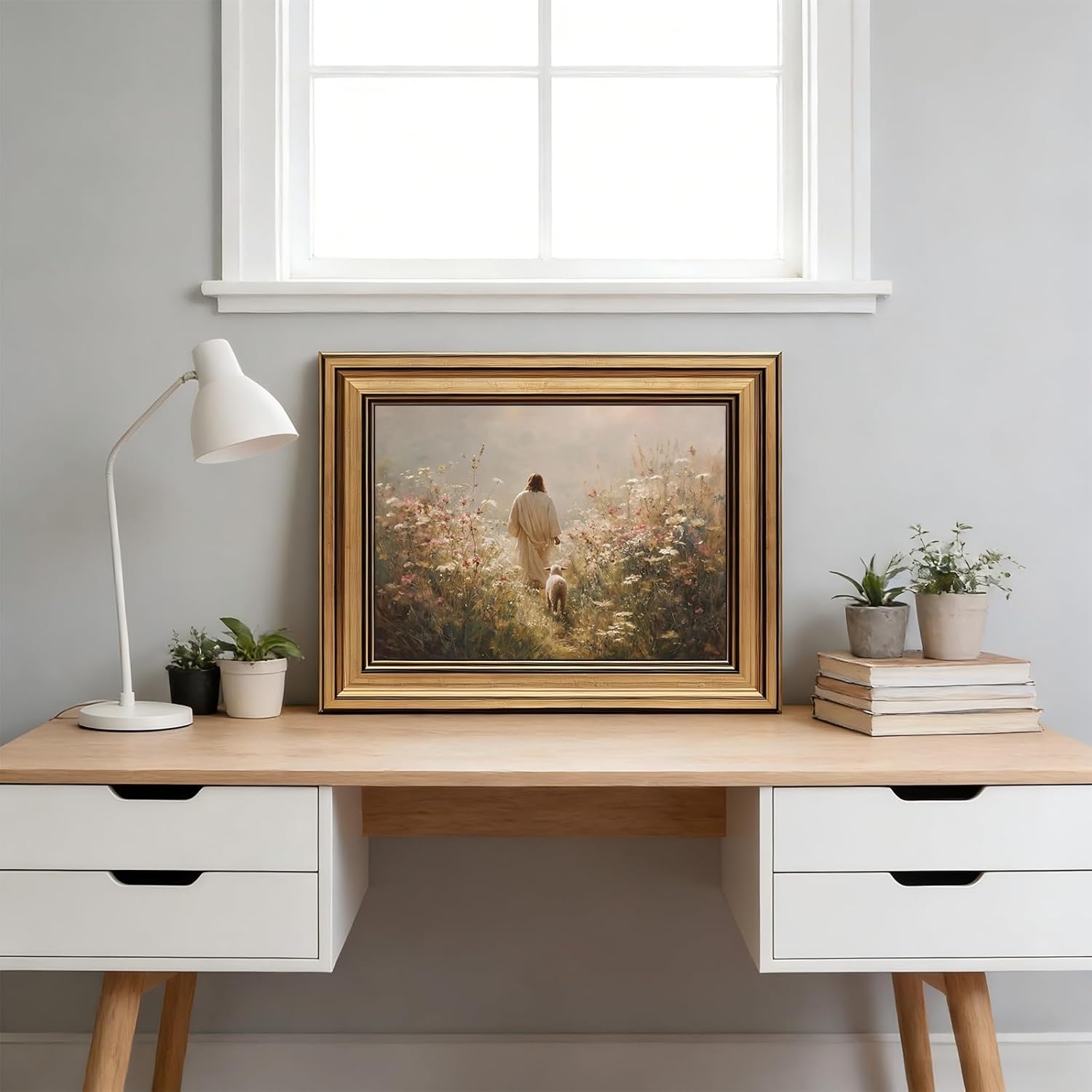 Kabcod Vintage Gold Framed Jesus Leaves the 99 Sheep Canvas Wall Art, Christian Canvas Wall Decor, The Lost Sheep Posters Prints Home Decor for Living Room Bedroom Church Prayer 12x16 inch