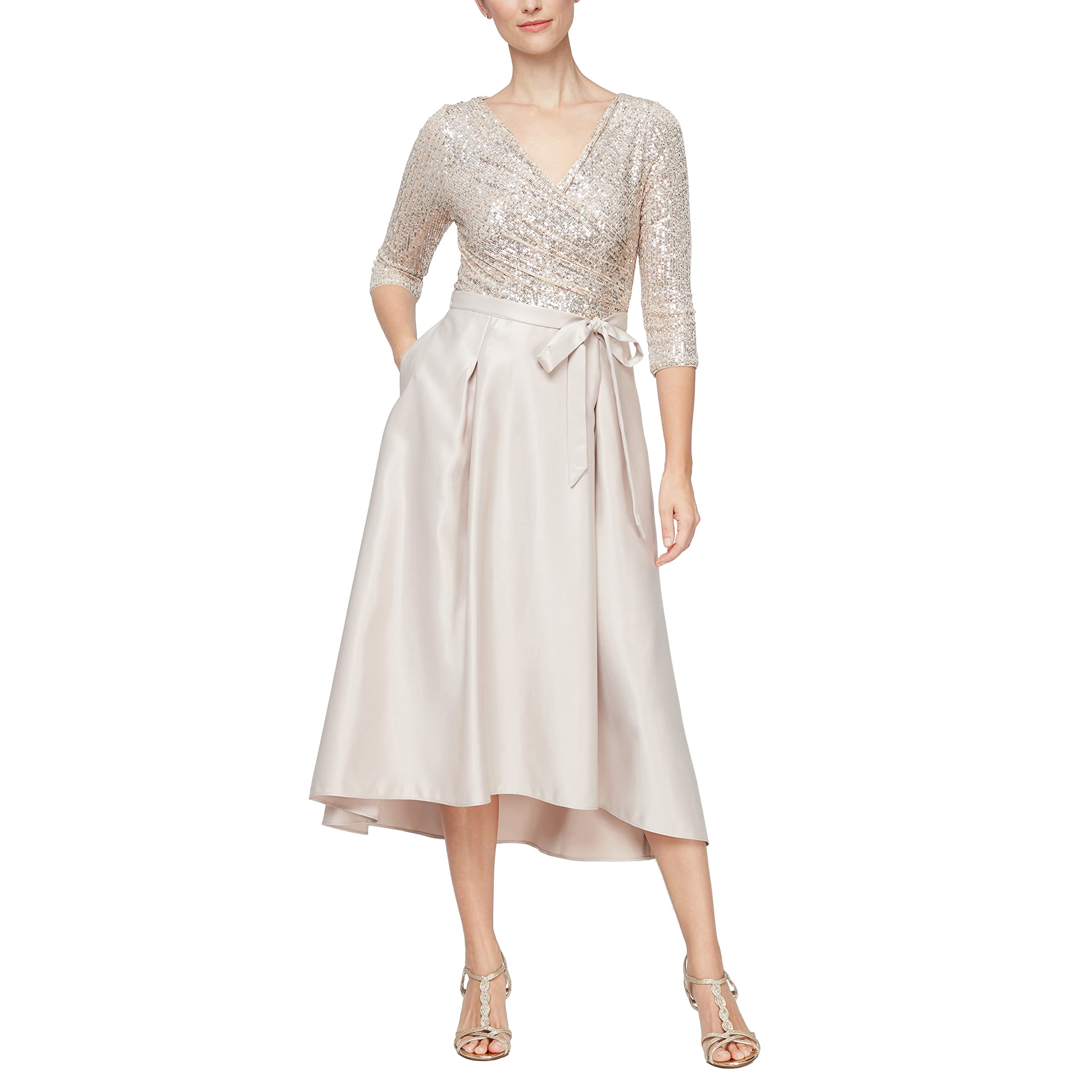 Alex Evenings Women's Satin Ballgown Formal Event Dress with Pockets and Tie Belt (Petite and Regular Sizes)