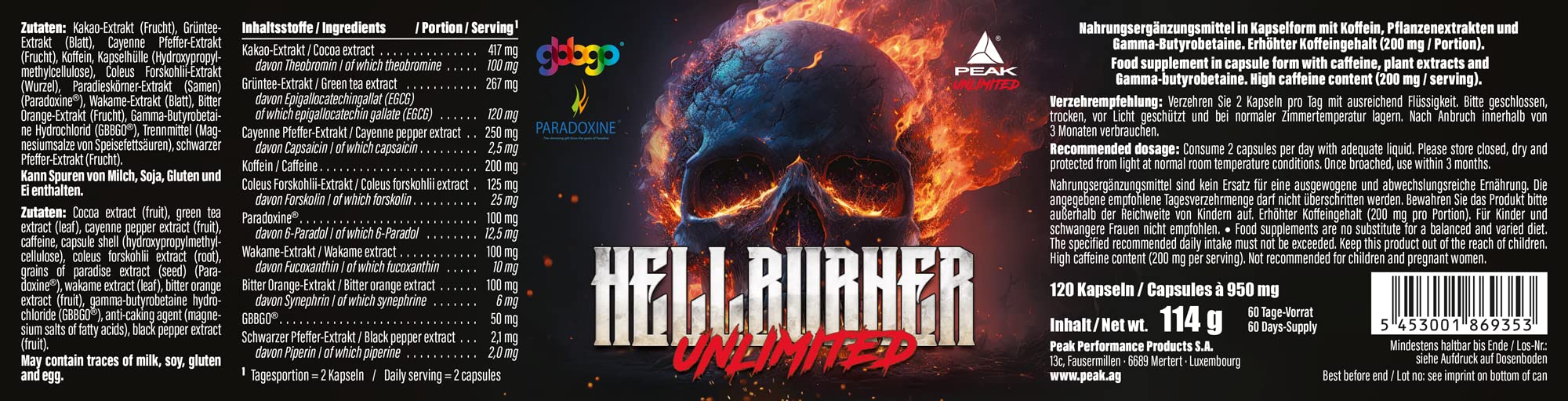 PEAK Hellburner Unlimited - 120 Kapseln I 60 Portionen I Diätunterstützer und Stoffwechsel Booster mit Stimulanzien I Koffein, Theobromin, Grains of Paradise, GBB, Grüntee, Fucoxanthin