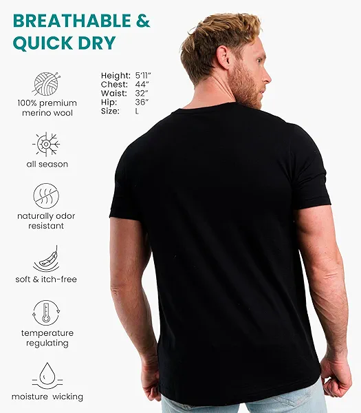 Merino Wool T-Shirt Mens - Merino Wool Undershirt Thermal Shirt for Men and Hiking Socks