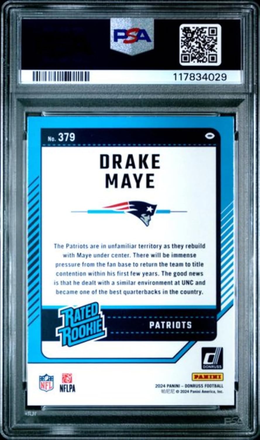 Graded 2024 Panini Donruss Drake Maye #379 Rookie RC Football Card PSA 9 Mint