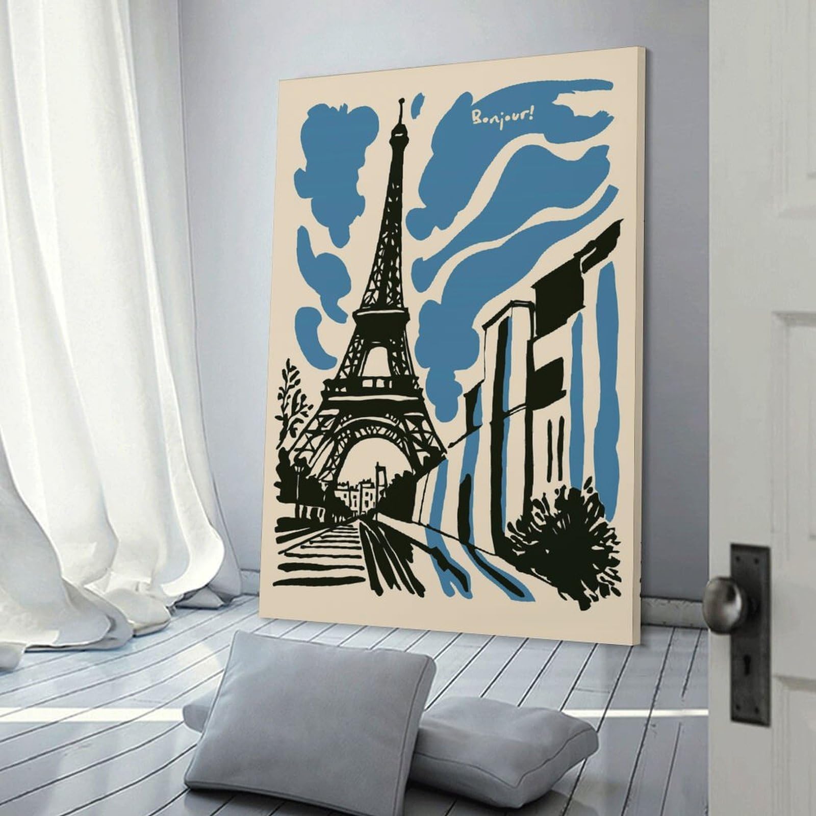 Eiffel Tower Illustration with Bonjour Text Canvas Wall Decor 24x36inch(60x90cm), for Workspace Walls, Study Corners Or Bedrooms, Decorative Artwork for Productive Spaces
