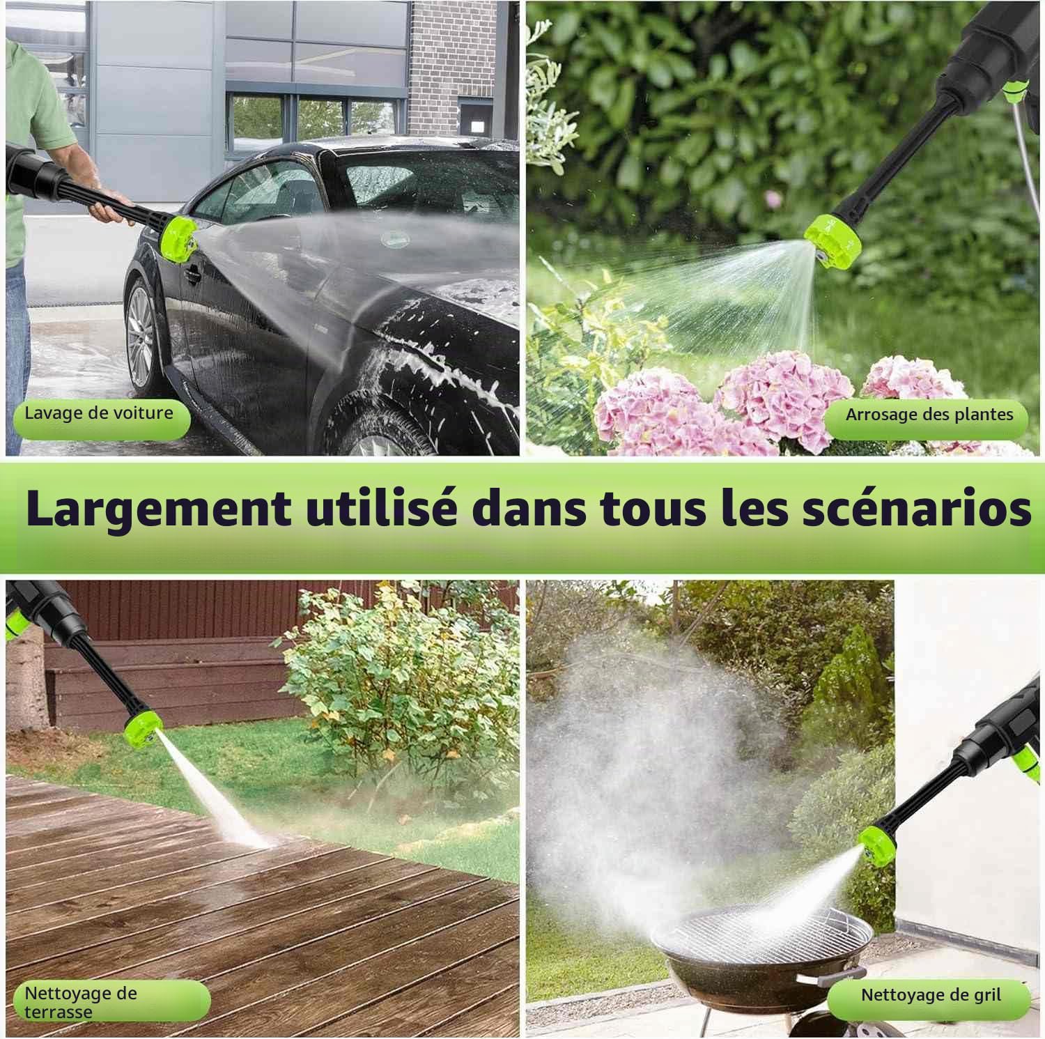 Nettoyeur Haute Pression sans Fil, 980 PSI / 120 Bar - Portable avec Pompe d'Aspiration - 6 en 1 Buses & Détergent - pour Voiture, Terrasse, Jardin (5m Tuyau) (A-2 Batterie)