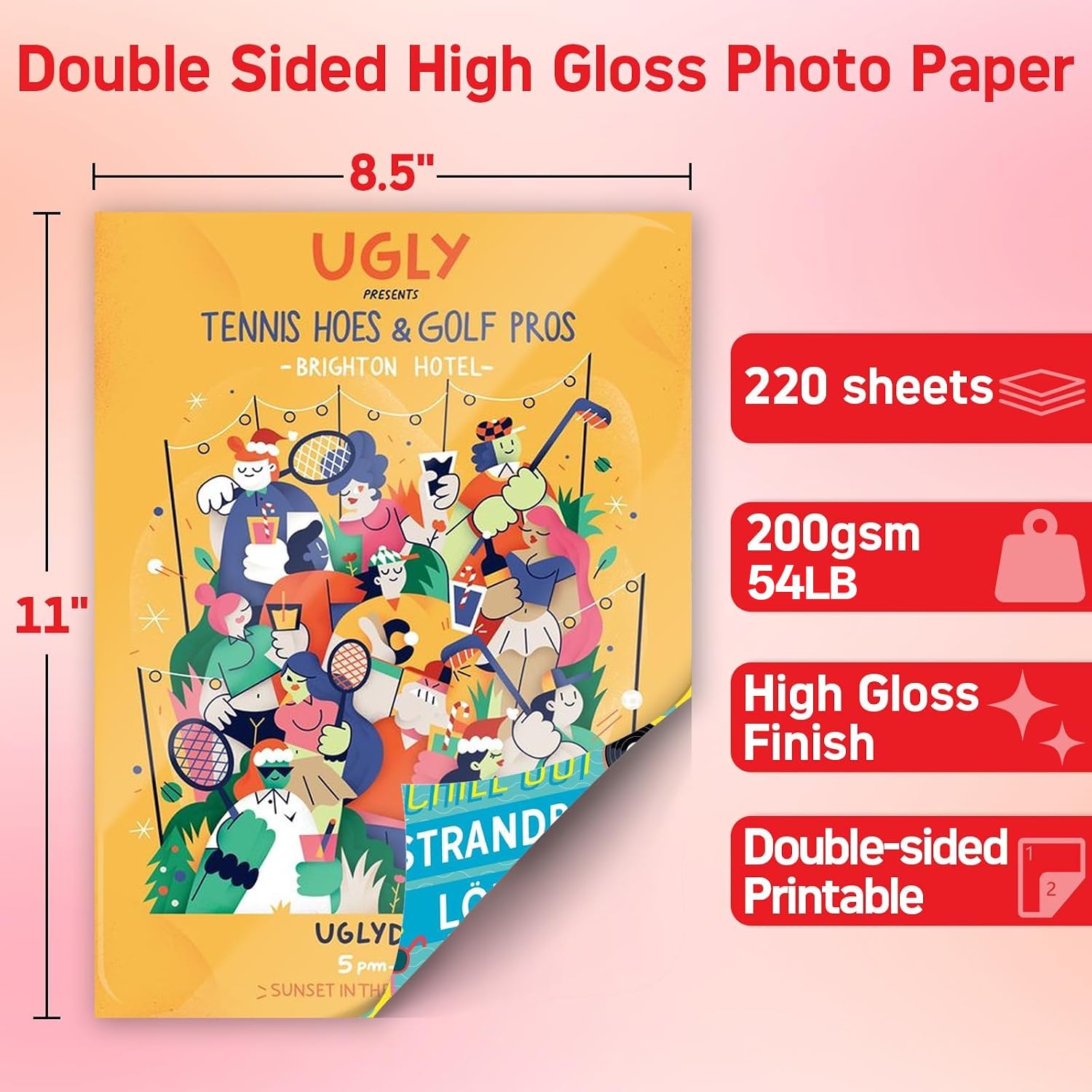 El papel fotográfico de doble cara de alto brillo mide 8.5 x 11 pulgadas, 200 g/m², consta de 220 hojas, adecuado para impresoras de inyección de tinta y tintas a base de tinte de 50 libras