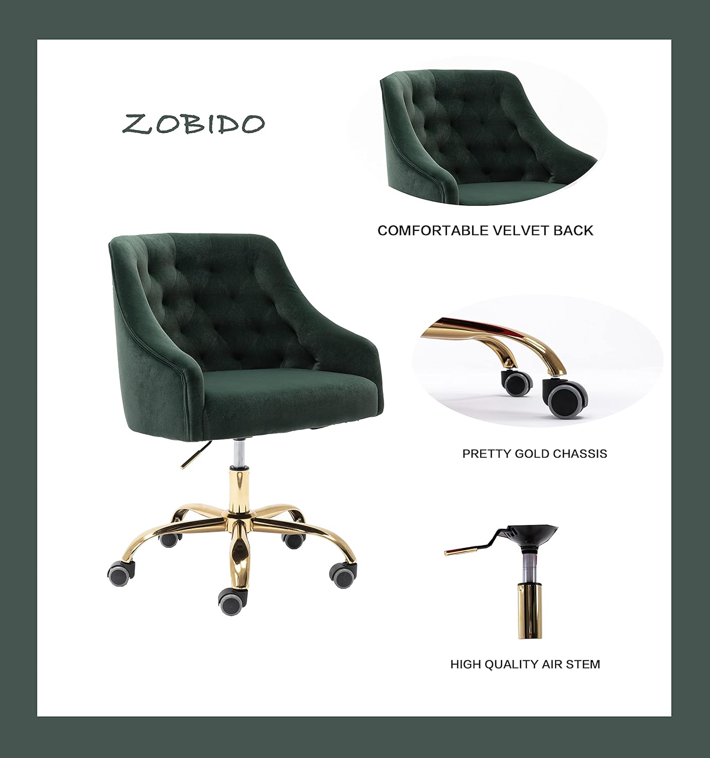ZOBIDO Comfy Home Office Task Chair with Wheels, Cute Modern Upholstered Velvet Seashell Back Adjustable Swivel Vanity Desk Chair, for Women, for Kids, for Girls, Living Room(Dark Green)
