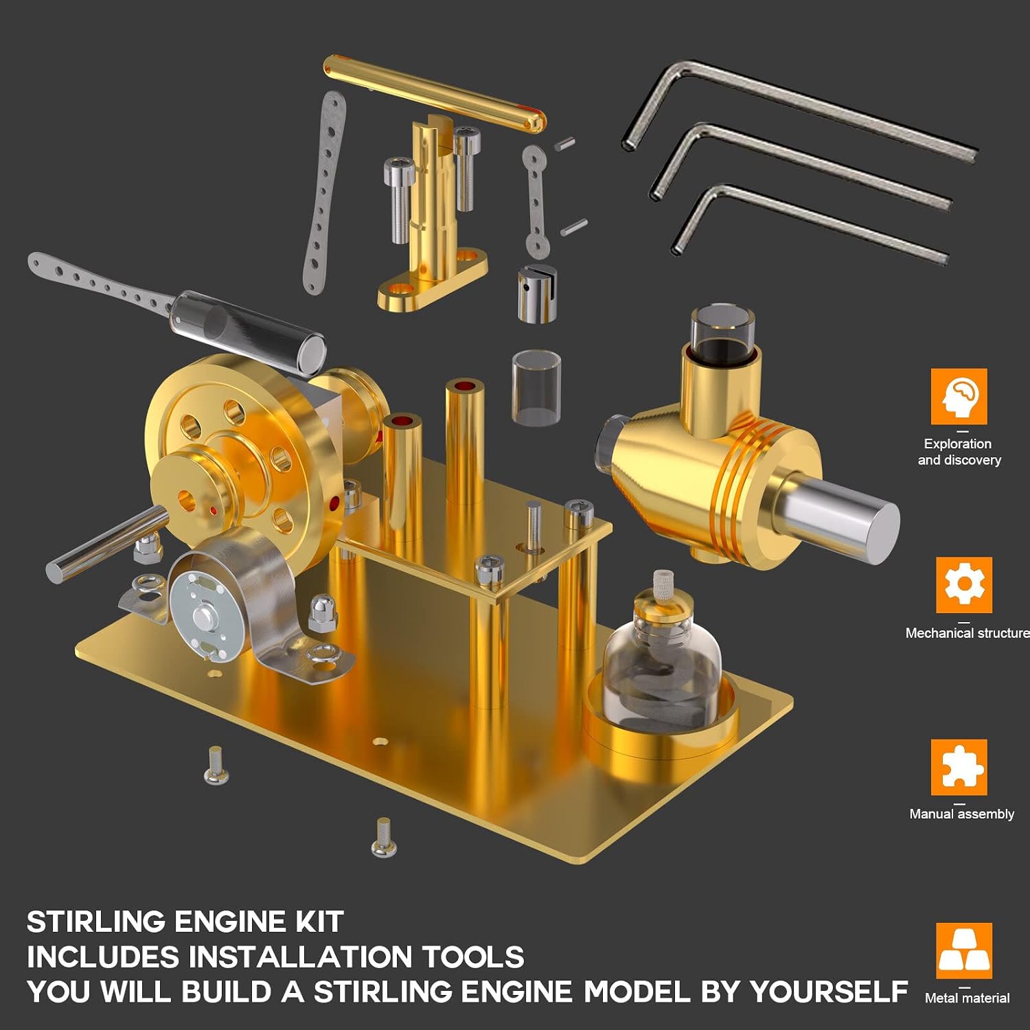 Generic Metal Stirling Engine Kit for Adults, ENJOMOR Balance Hot Air Stirling Motor Power Generator Engine Educational Physics Experiment Kit, Style 1
